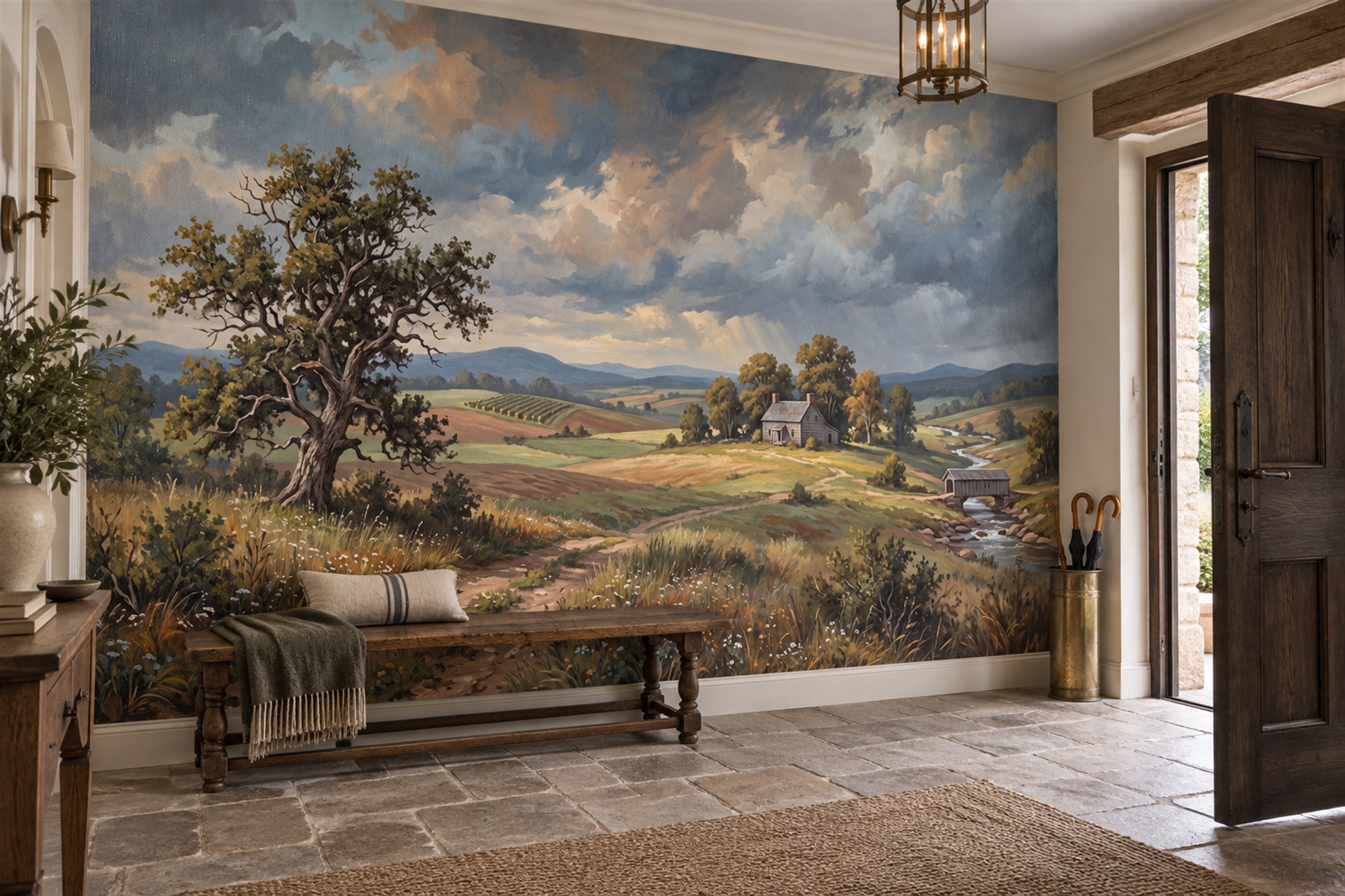 Old Oak Farmhouse And Stream Countryside Wallpaper Mural — Wallpaper Mural Design, Peel-and-stick Finish