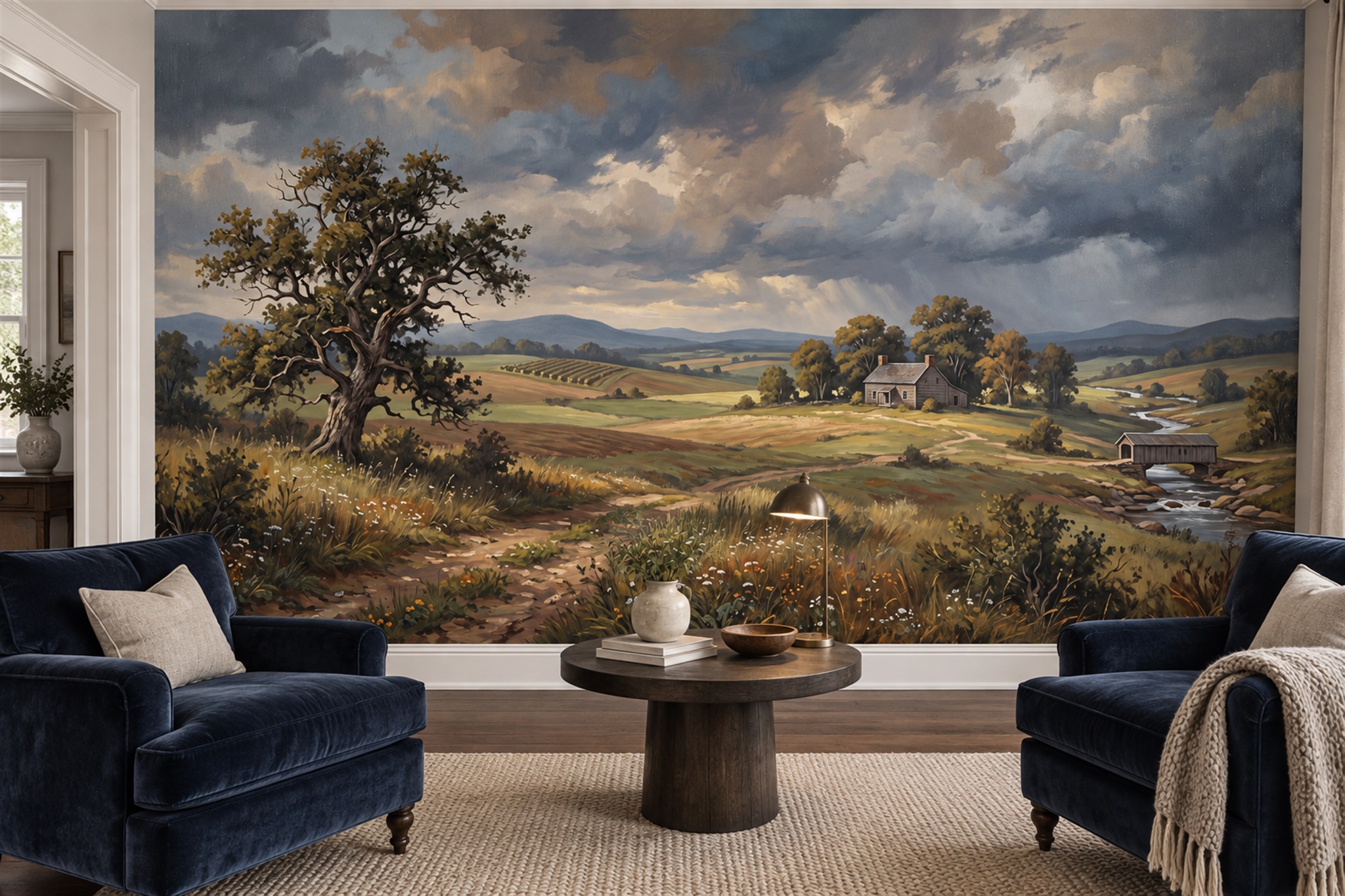 Olive Landscape Scenic Decorative Wallpaper Mural Living-room-wallpaper-murals, Shown In A Living Room, Peel-and-stick Finish