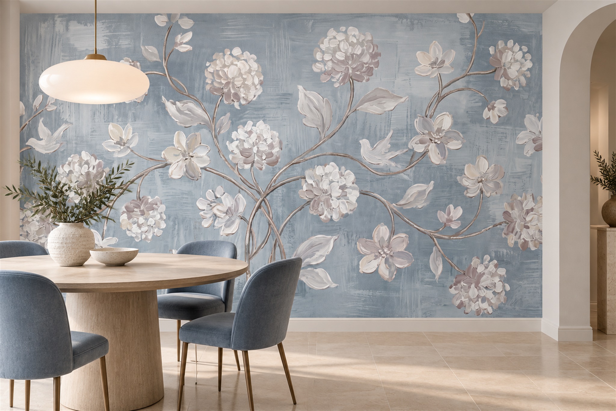 Blue Blossom Botanical Layered Wallpaper Mural Dining-room-wallpaper-murals, Shown In A Dining Room, Peel-and-stick Finish
