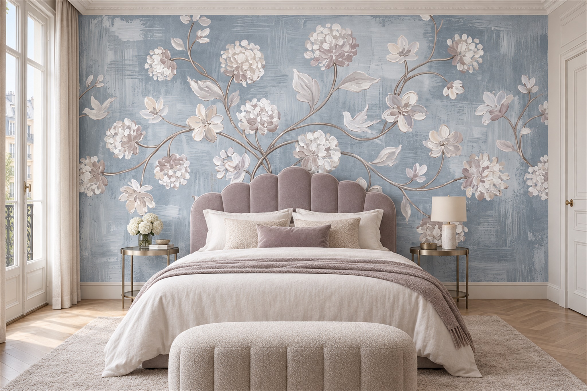 White Blossom Branches On A Blue Grey Painted Wallpaper Mural — Installed Wallpaper Mural In A Bedroom, Peel-and-stick Finish
