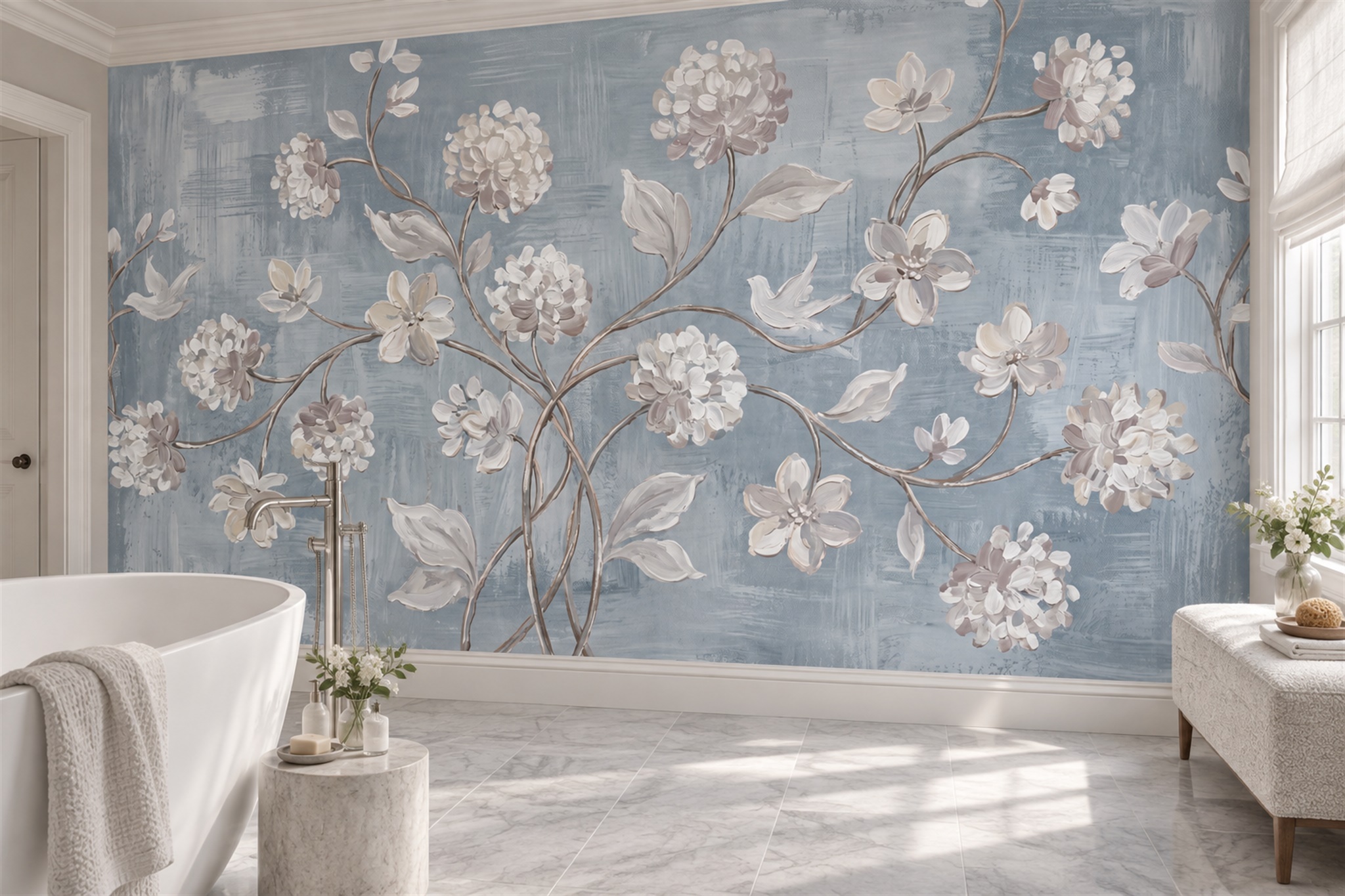 Blue Blossom Botanical Layered Wallpaper Mural Bathroom-wallpaper-murals, Peel-and-stick Finish