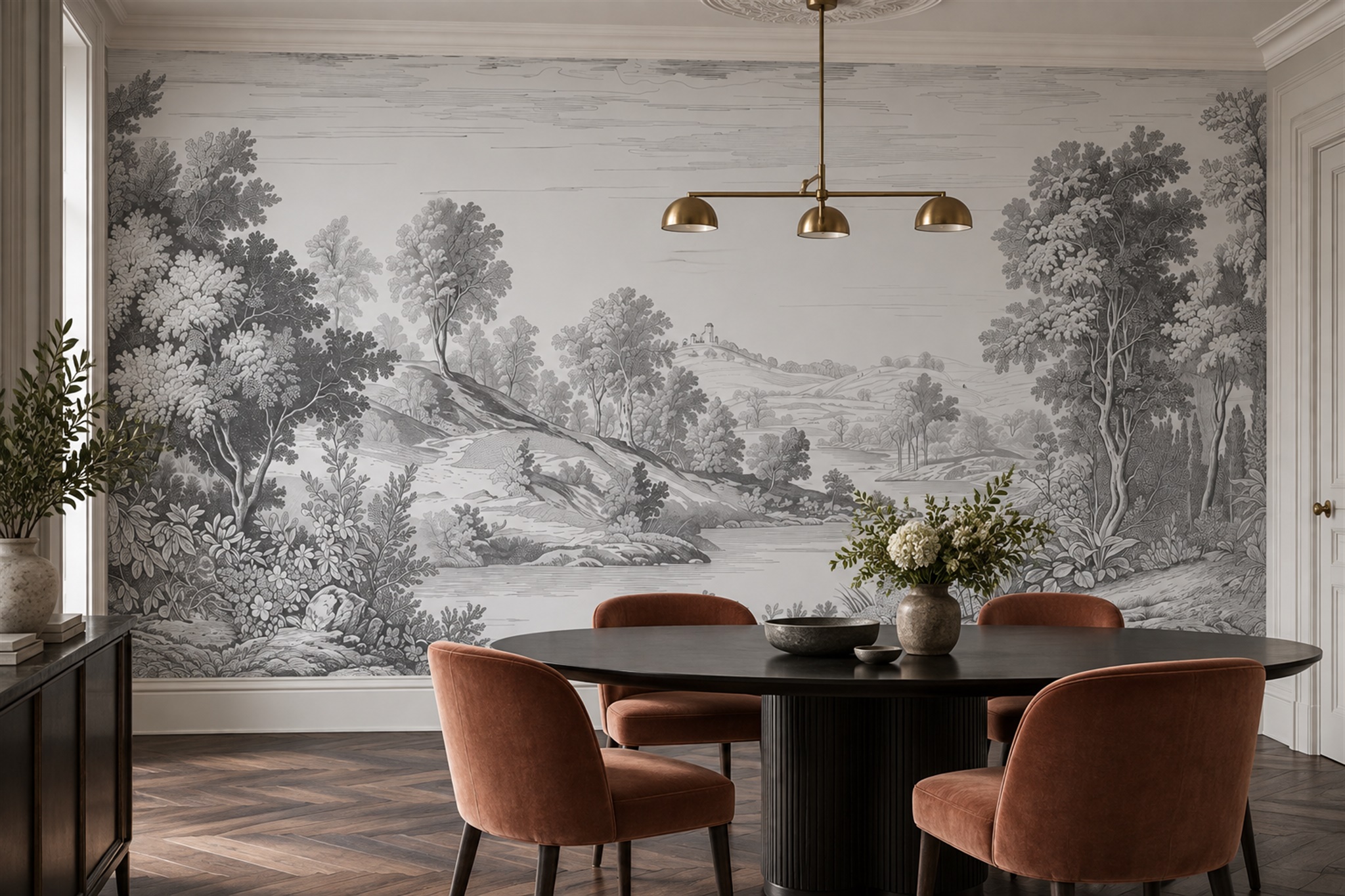 Grey Toile Artful Decorative Wallpaper Mural Dining-room-wallpaper-murals, Shown In A Dining Room, Peel-and-stick Finish