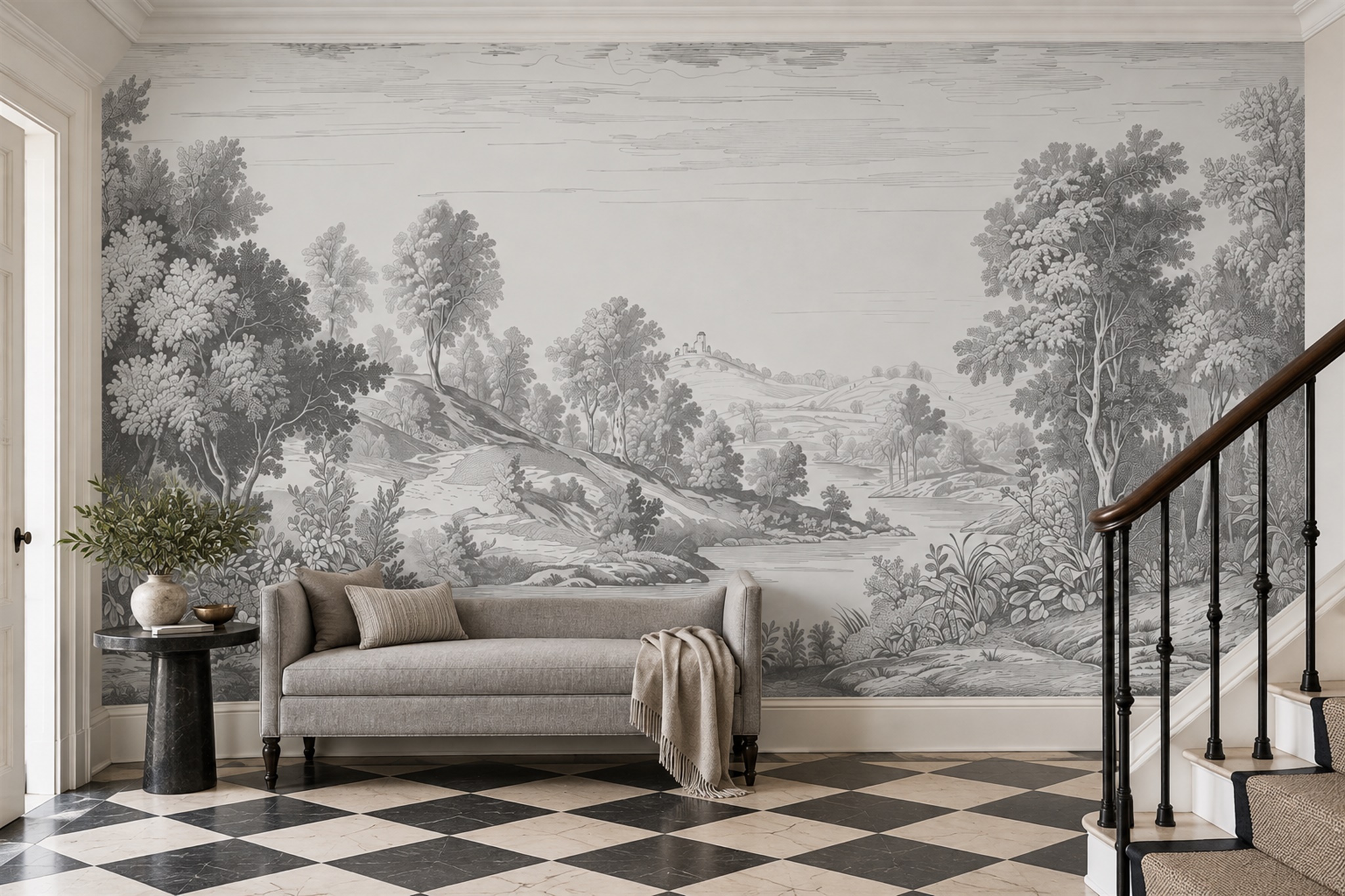 Grey Toile Artful Decorative Wallpaper Mural Bedroom-wallpaper-murals, Peel-and-stick Finish