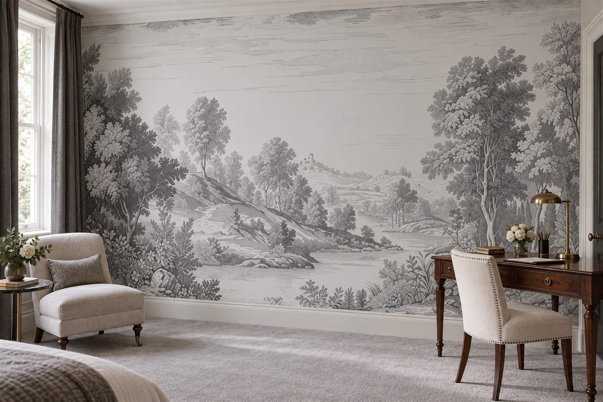 Grey Toile Riverbank And Woodland Wallpaper Mural — Installed Wallpaper Mural In A Bedroom, Peel-and-stick Finish