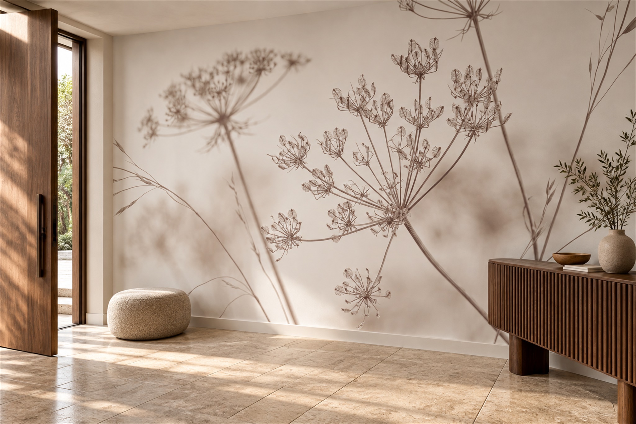 Soft Beige Wild Grasses And Seed Heads Wallpaper Mural — Installed Wallpaper Mural In A Entryway, Peel-and-stick Finish