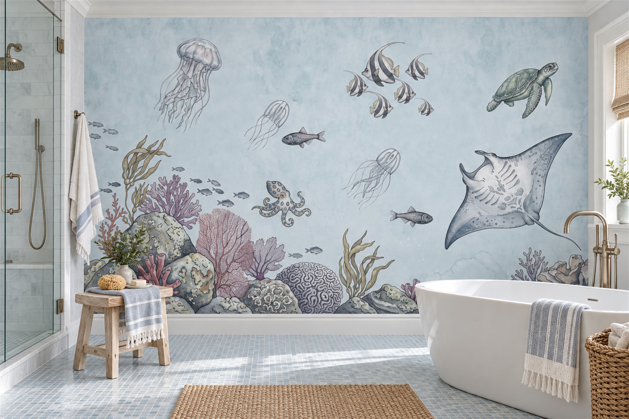 Blue Ocean Scenic Textured Wallpaper Mural Bathroom-wallpaper-murals, Peel-and-stick Finish