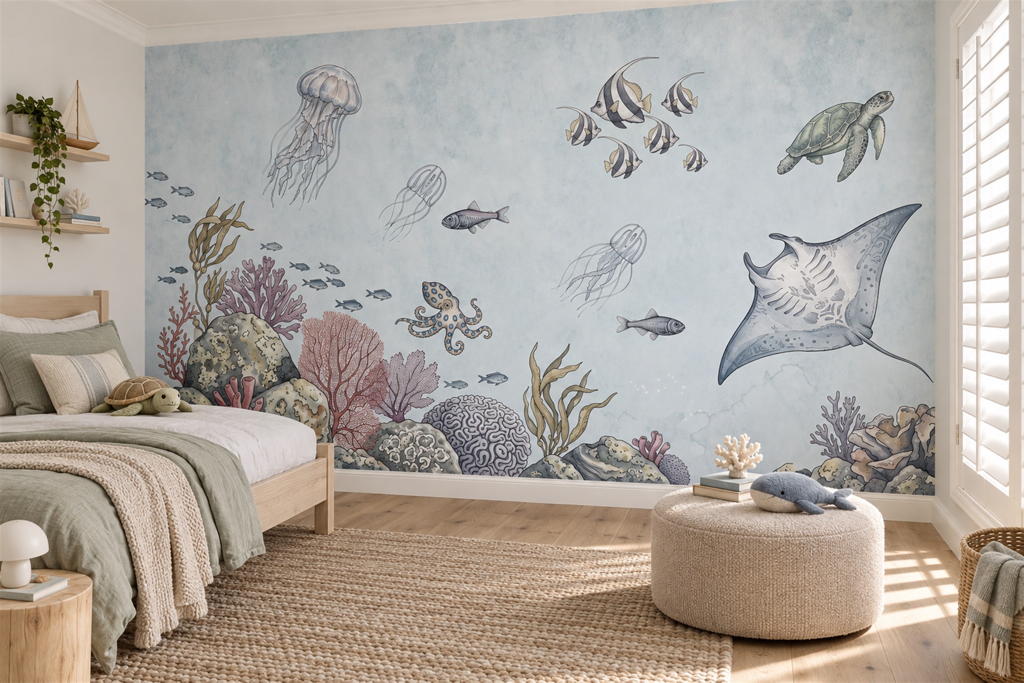 Illustrated Ocean Life And Coral Reef Wallpaper Mural — Wallpaper Mural Design, Peel-and-stick Finish