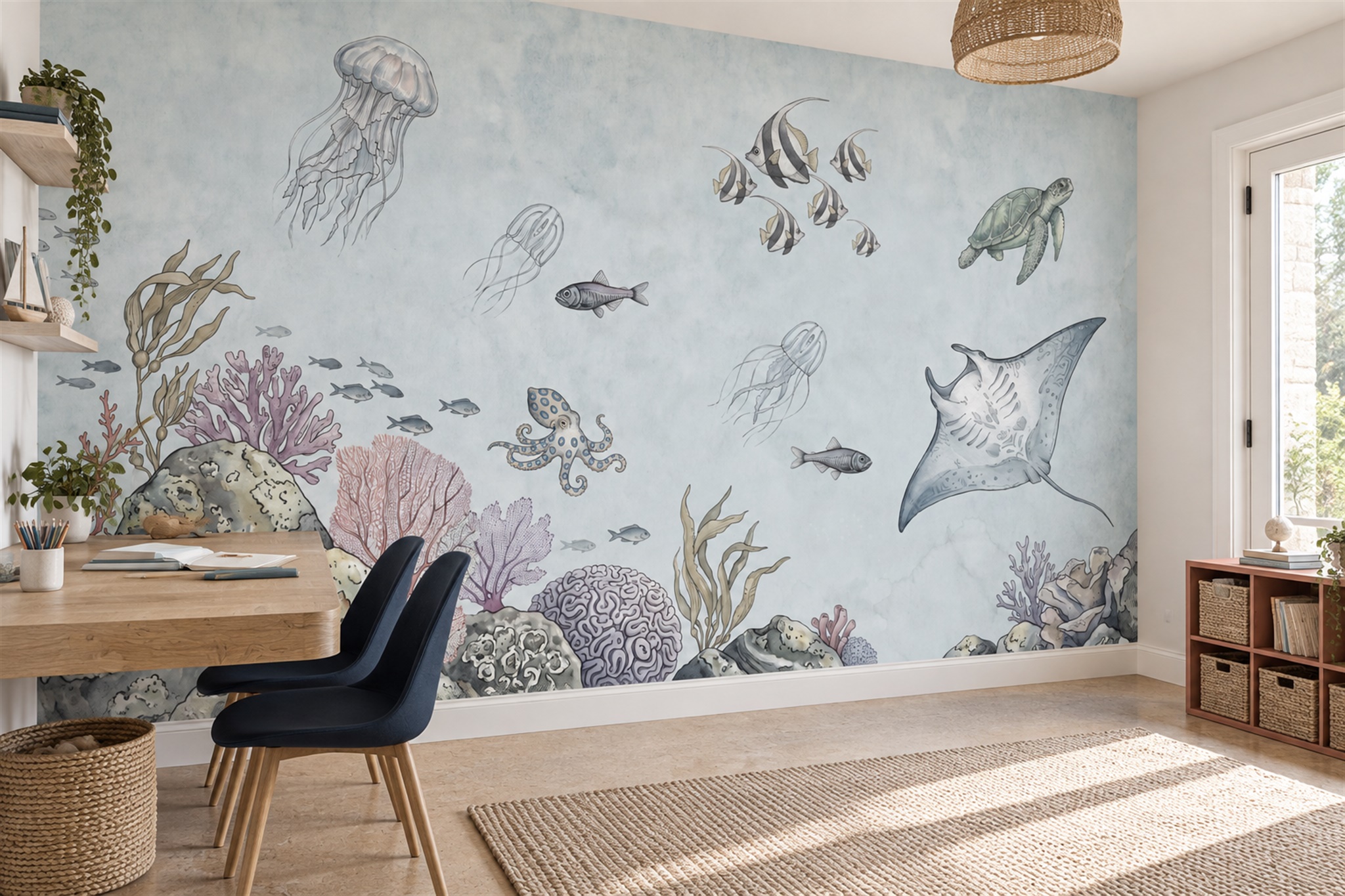 Blue Ocean Scenic Textured Wallpaper Mural Bathroom-wallpaper-murals, Peel-and-stick Finish