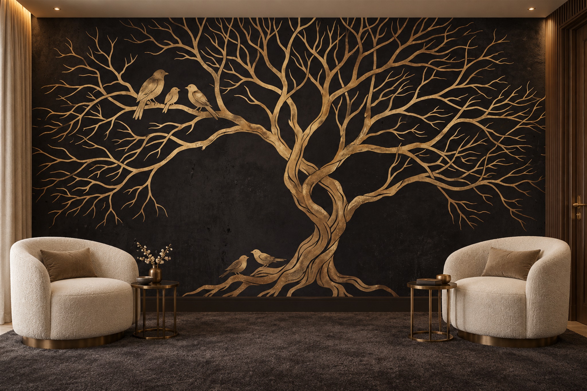 Gold Tree Scenic Wallpaper Mural Living-room-wallpaper-murals, Peel-and-stick Finish