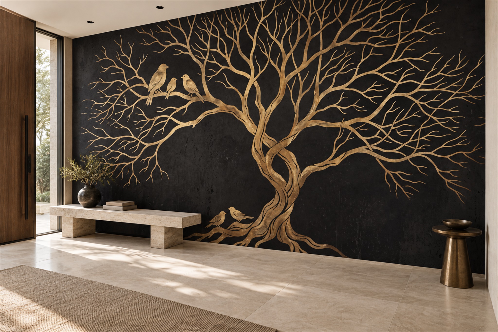 Gold Tree Scenic Wallpaper Mural Entryway-wallpaper-murals, Peel-and-stick Finish