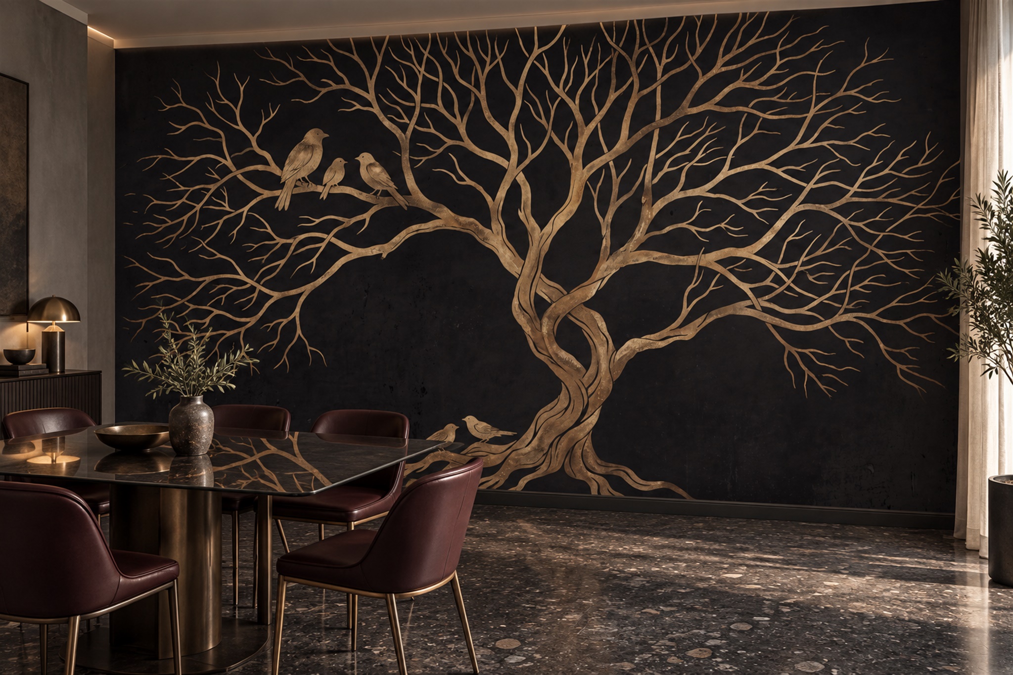 Gold Tree Scenic Wallpaper Mural Living-room-wallpaper-murals, Peel-and-stick Finish