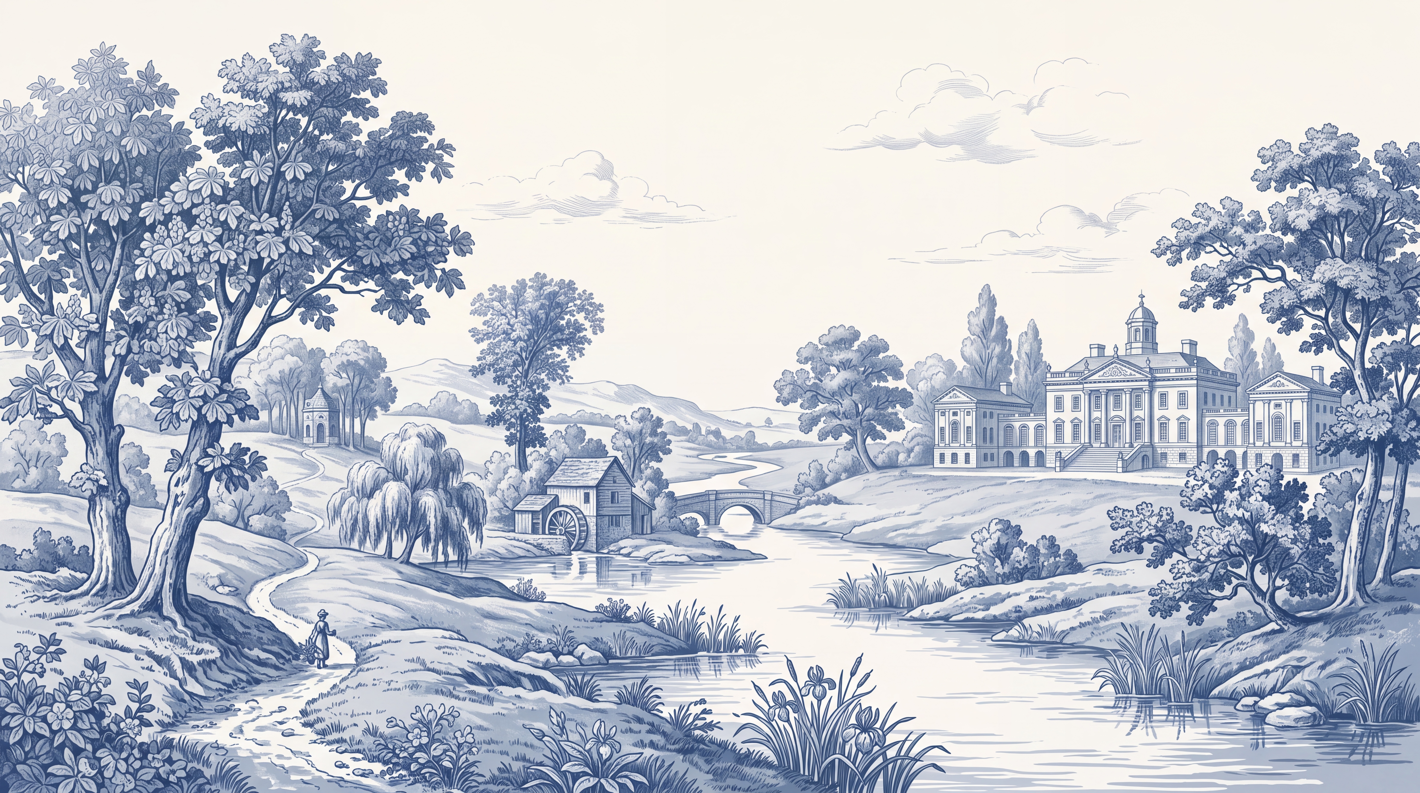 Blue Toile Artful Painterly Wallpaper Mural, Peel-and-stick Finish