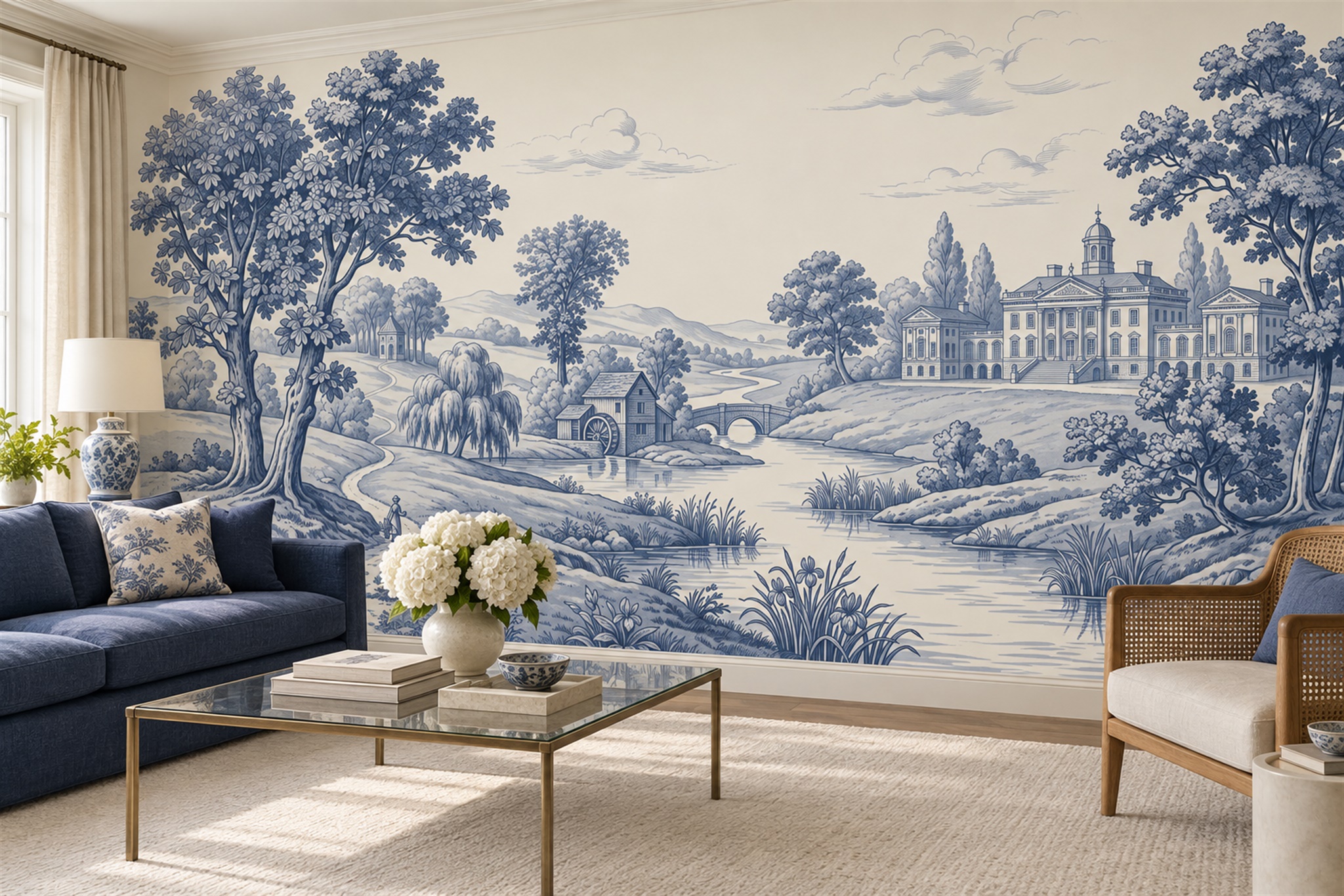 Blue Toile Artful Painterly Wallpaper Mural Living-room-wallpaper-murals, Shown In A Living Room, Peel-and-stick Finish