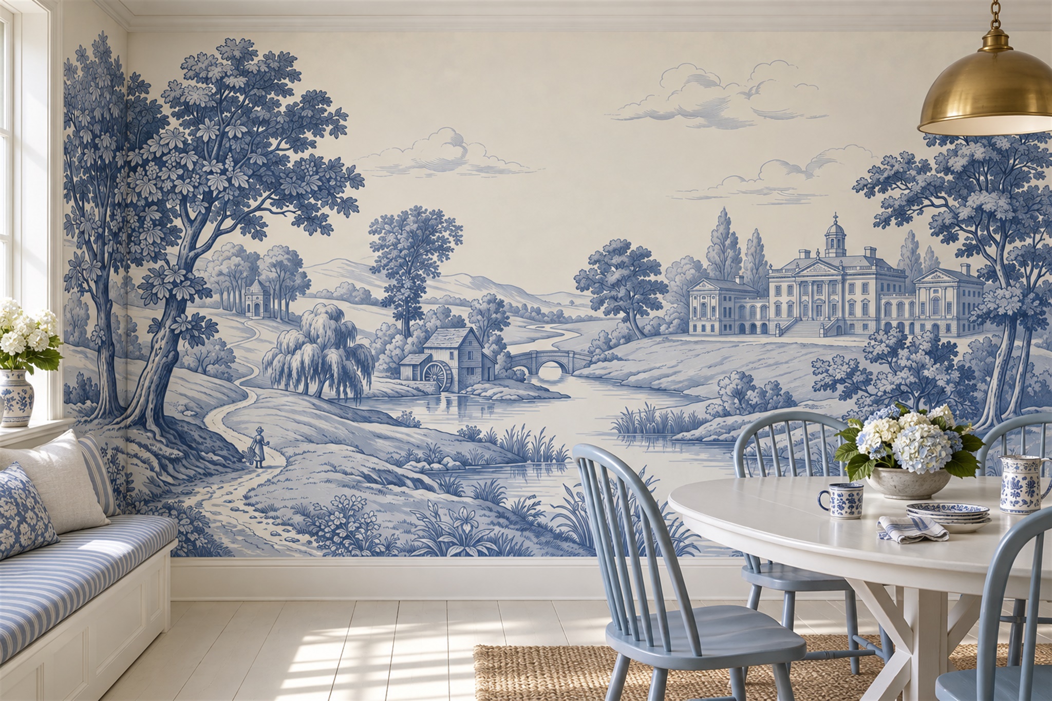Blue Toile Artful Painterly Wallpaper Mural Bedroom-wallpaper-murals, Peel-and-stick Finish