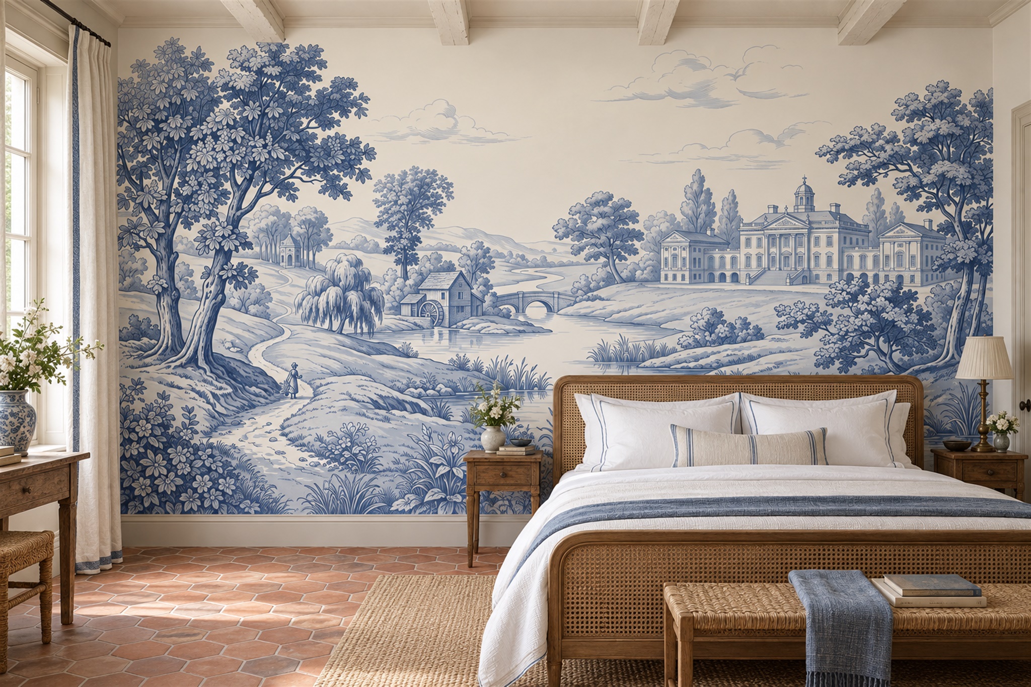 Blue Toile Artful Painterly Wallpaper Mural Bedroom-wallpaper-murals, Peel-and-stick Finish