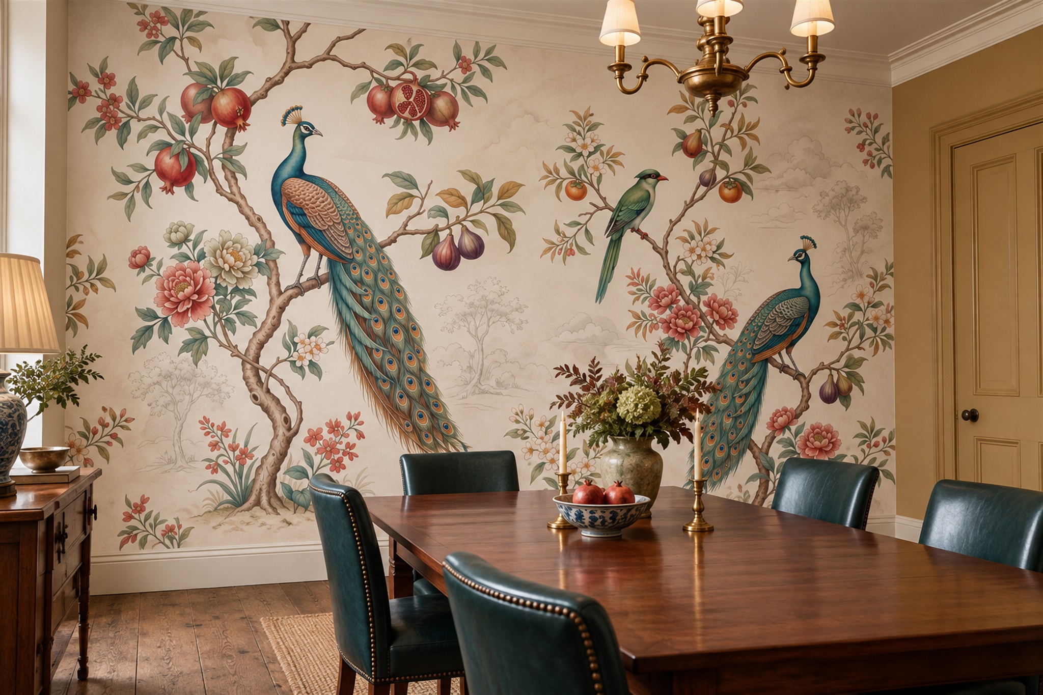 Green Peacock Illustrated Layered Wallpaper Mural Dining-room-wallpaper-murals, Shown In A Dining Room, Peel-and-stick Finish