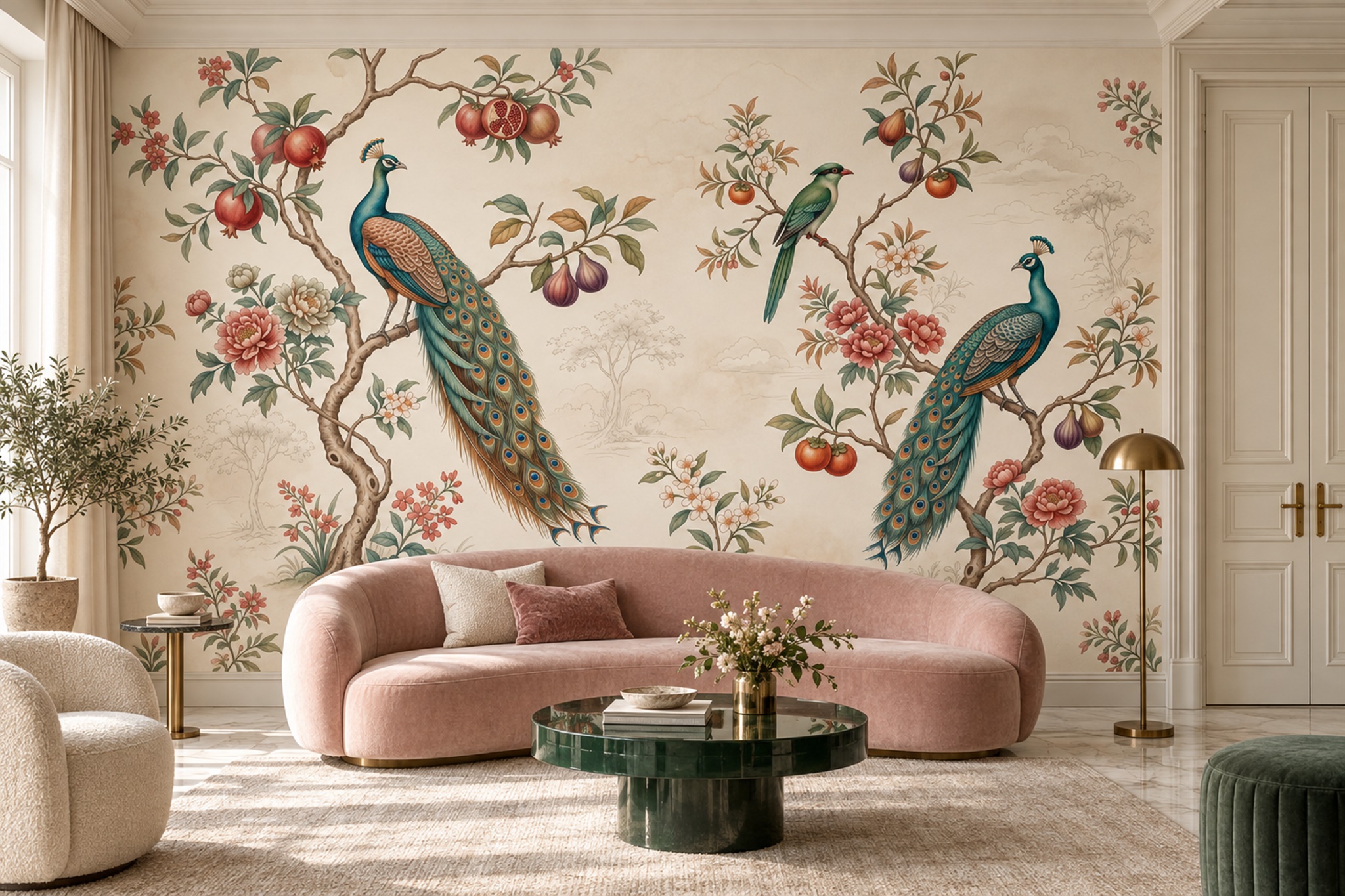 Peacocks And Pomegranate Fruit Trees Wallpaper Mural — Wallpaper Mural Design, Peel-and-stick Finish