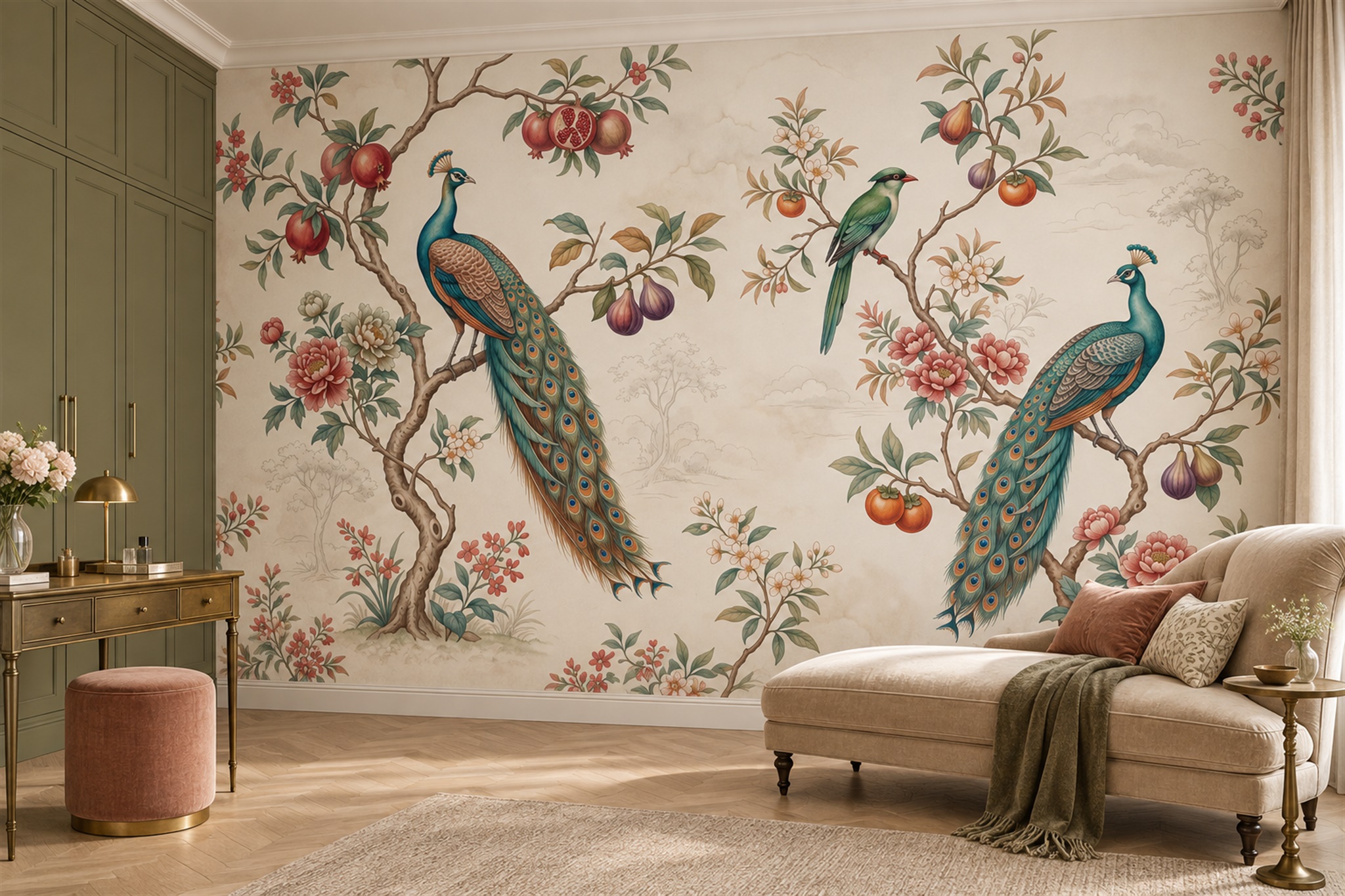 Green Peacock Illustrated Layered Wallpaper Mural Accent-wall-wallpaper-murals, Peel-and-stick Finish