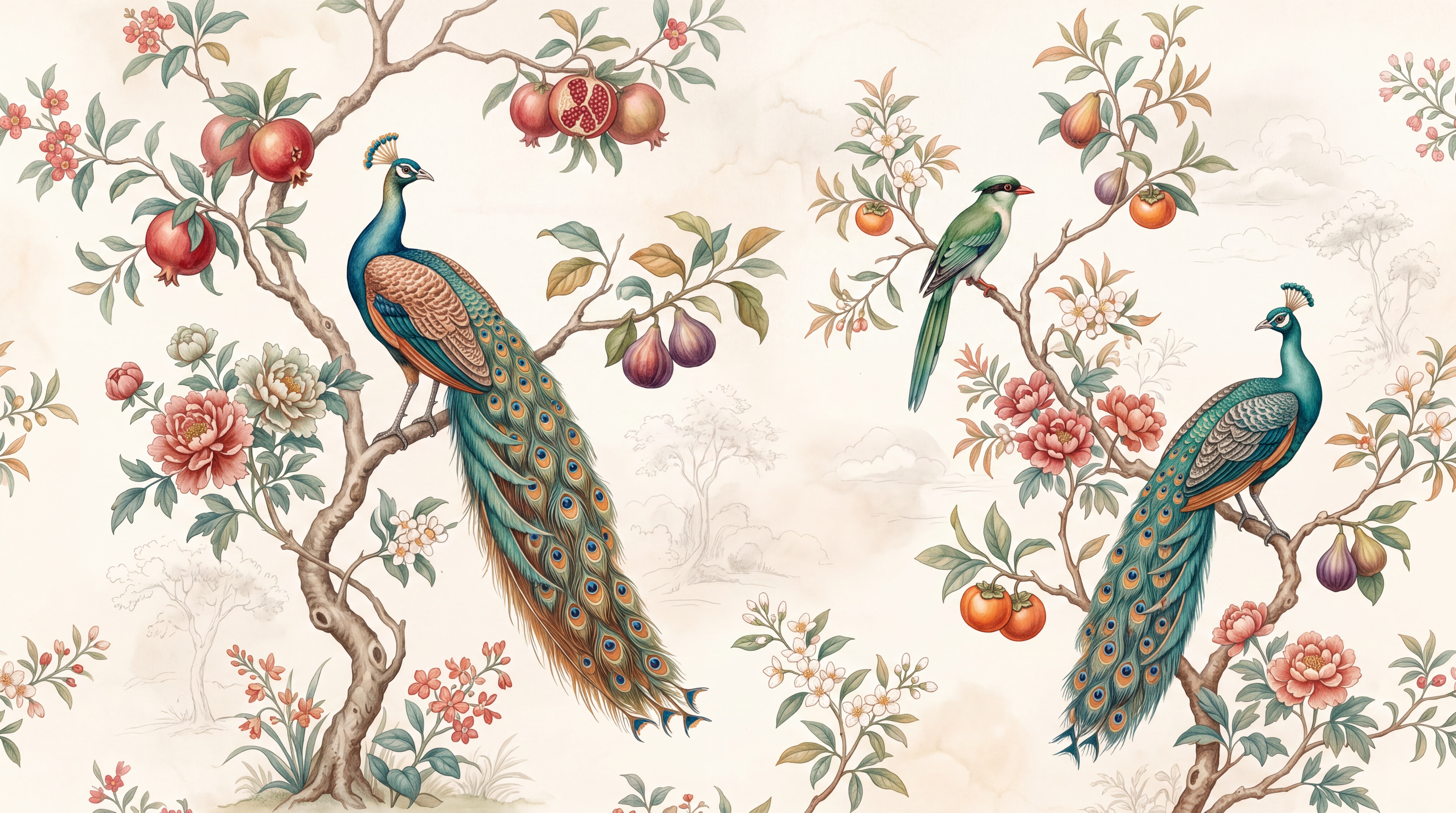 Green Peacock Illustrated Layered Wallpaper Mural Accent-wall-wallpaper-murals, Peel-and-stick Finish