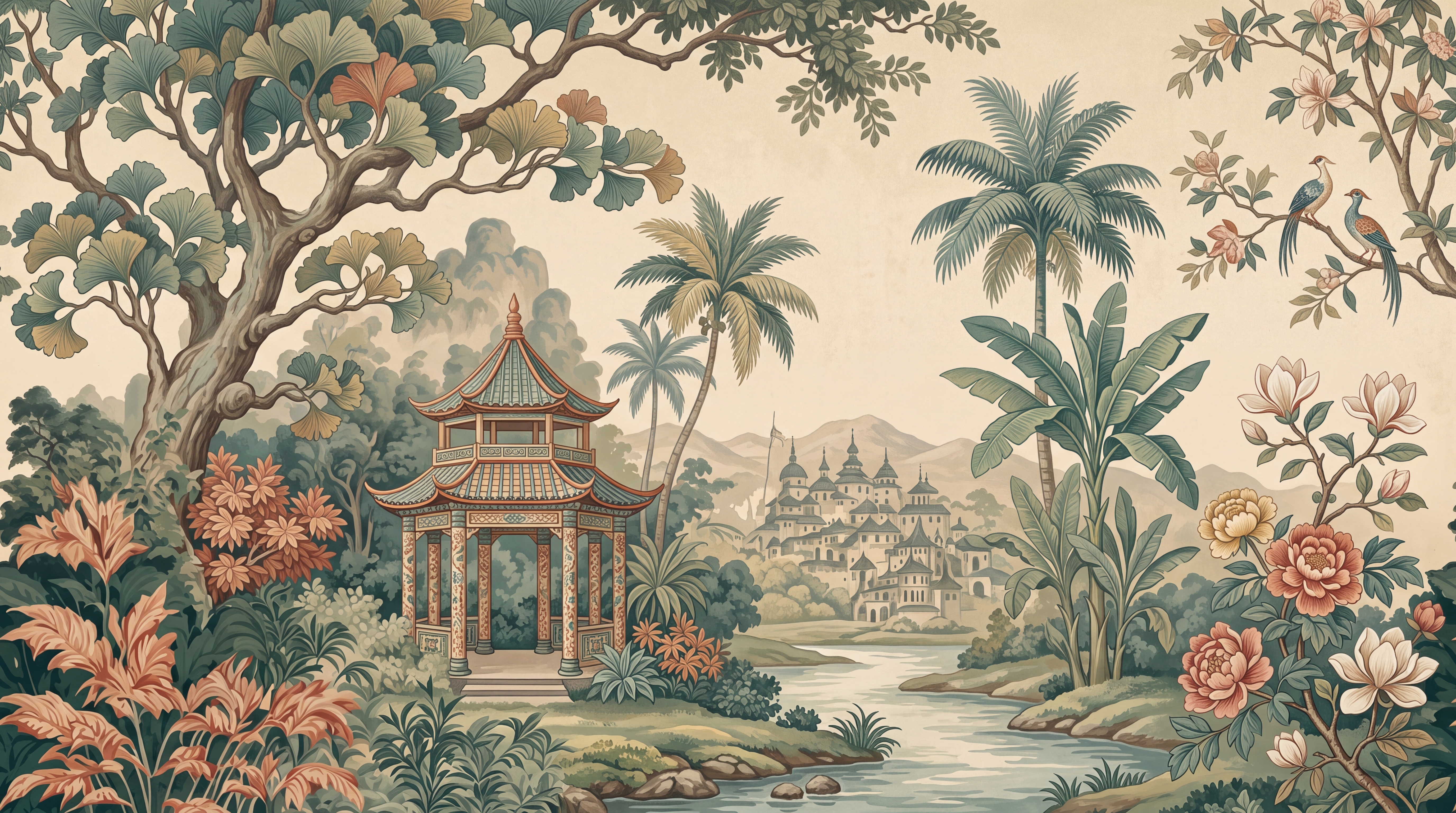 Olive Pattern Decorative Wallpaper Mural Layered Forms Wallpaper Mural, Peel-and-stick Finish