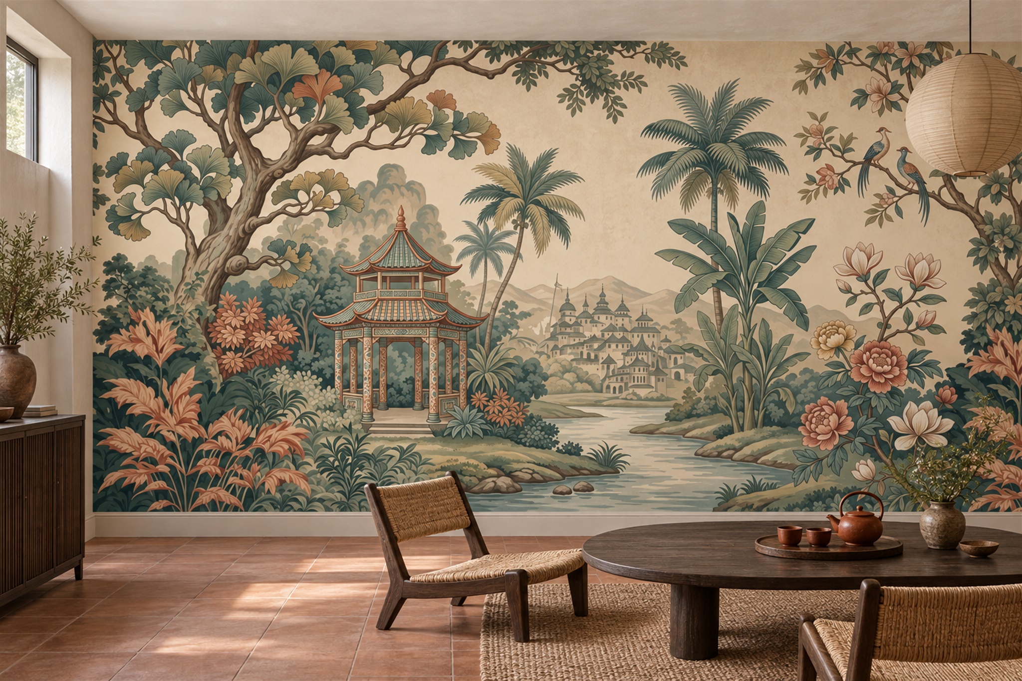 Pagoda And Riverside Garden With Ginkgo Trees Wallpaper Mural — Wallpaper Mural Design, Peel-and-stick Finish