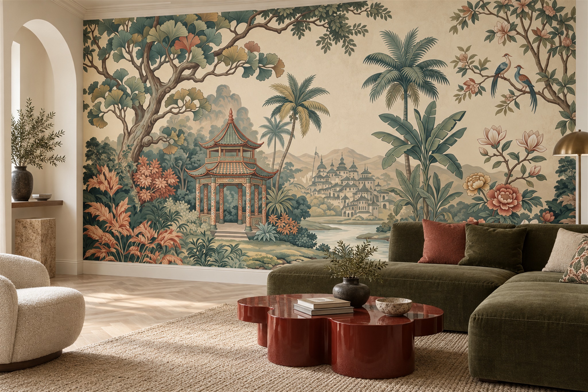 Olive Pattern Decorative Wallpaper Mural Layered Forms Wallpaper Mural Accent-wall-wallpaper-murals, Peel-and-stick Finish