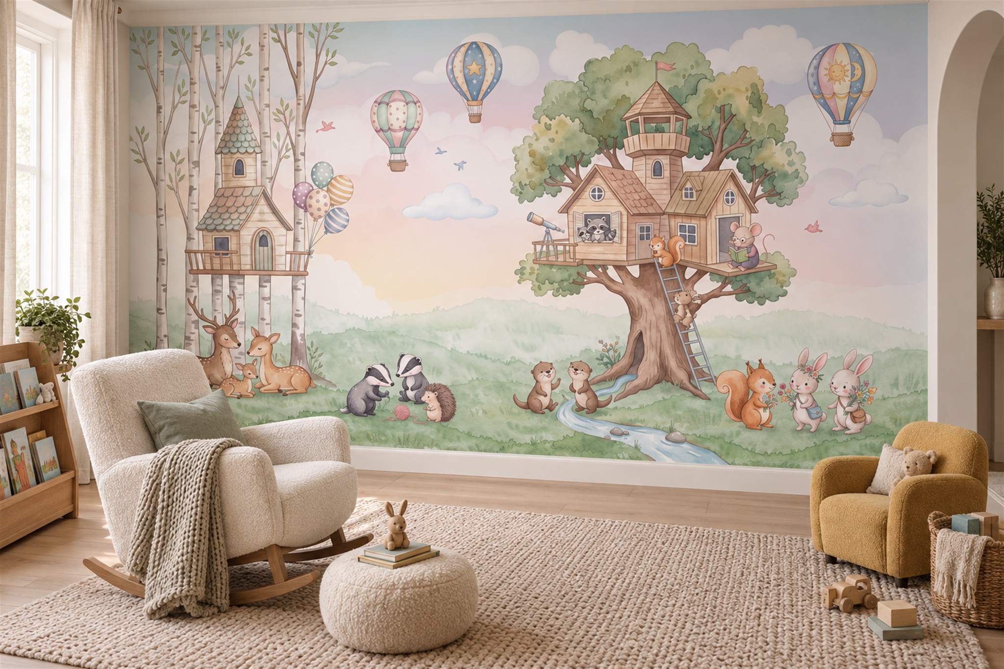 Treehouses And Woodland Animals Nursery Wallpaper Mural — Installed Wallpaper Mural In A Nursery, Peel-and-stick Finish
