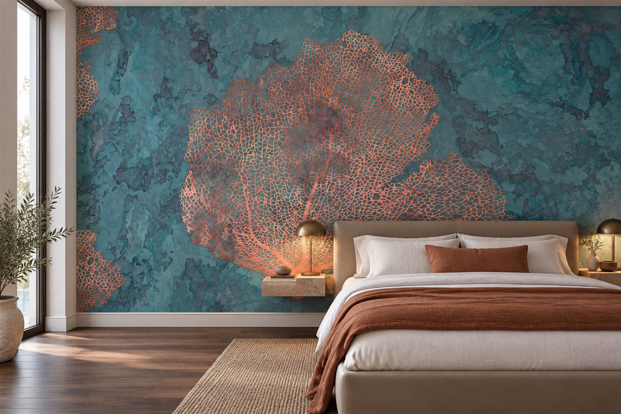 Teal Pattern Decorative Wallpaper Mural Layered Forms Wallpaper Mural Bedroom-wallpaper-murals, Peel-and-stick Finish