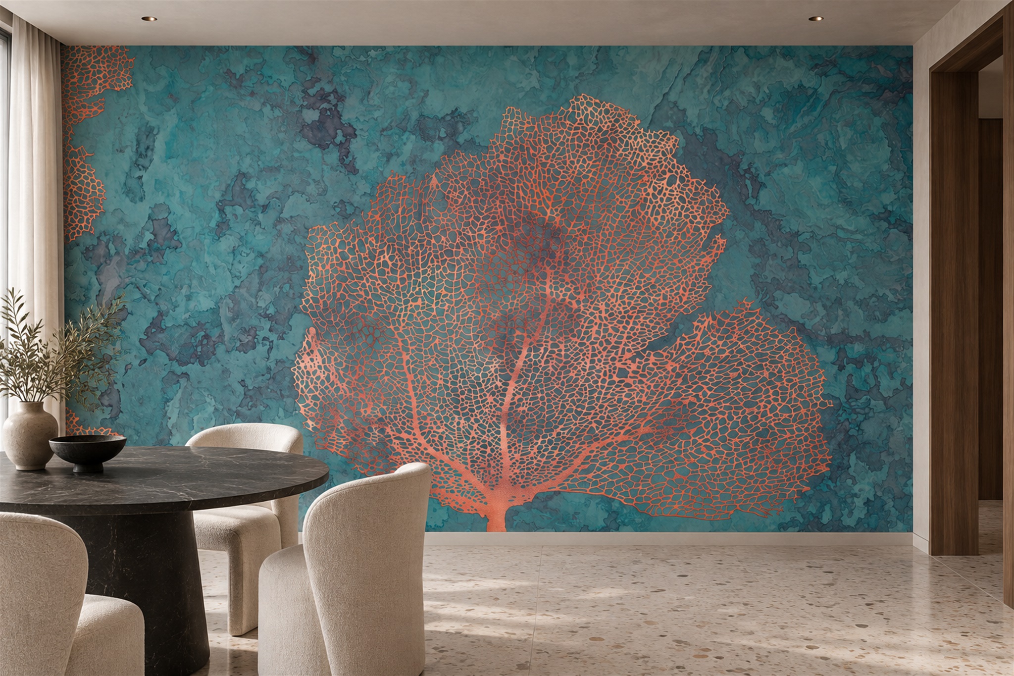 Teal Pattern Decorative Wallpaper Mural Layered Forms Wallpaper Mural Living-room-wallpaper-murals, Peel-and-stick Finish