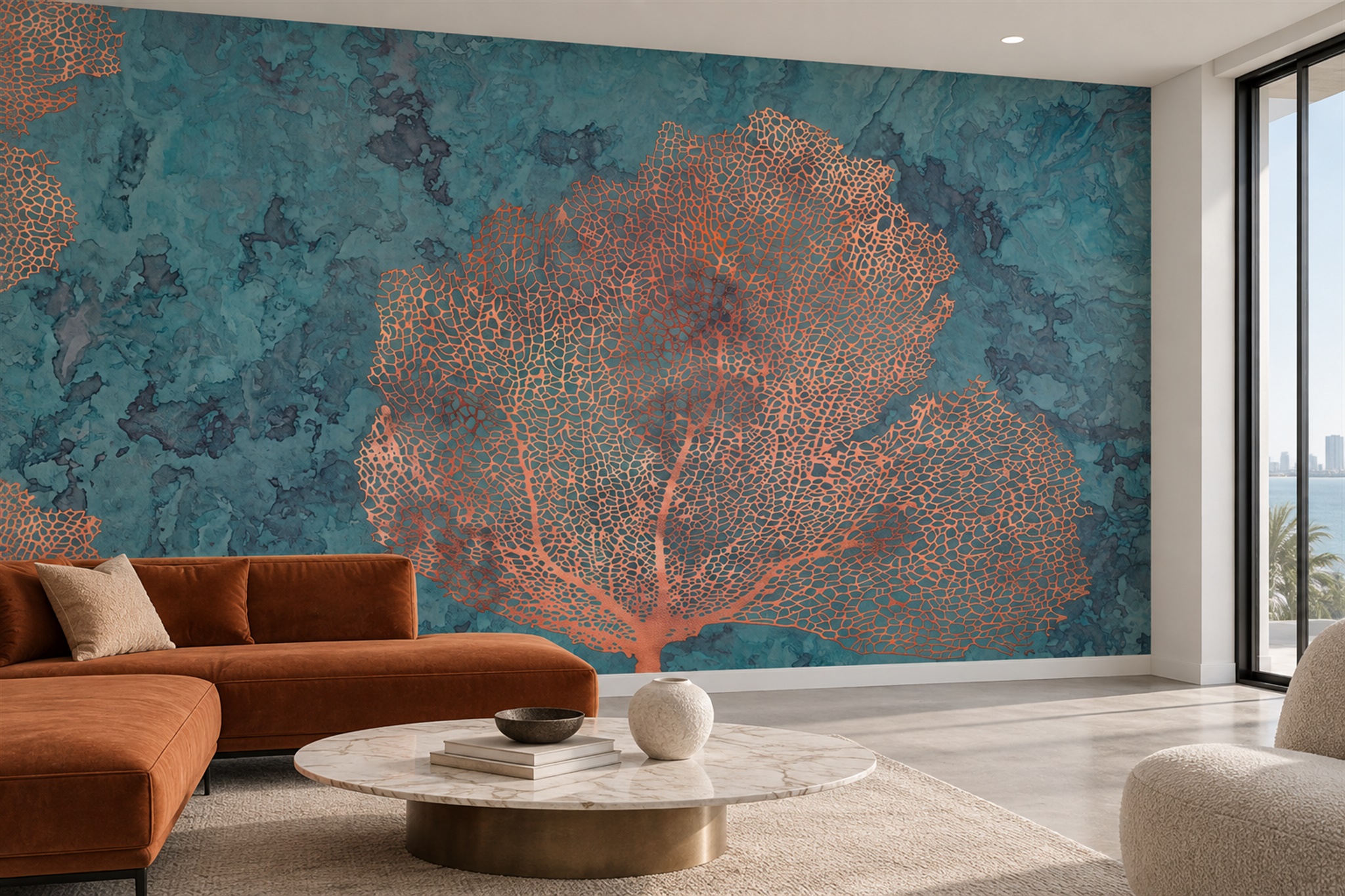 Teal Pattern Decorative Wallpaper Mural Layered Forms Wallpaper Mural Living-room-wallpaper-murals, Peel-and-stick Finish