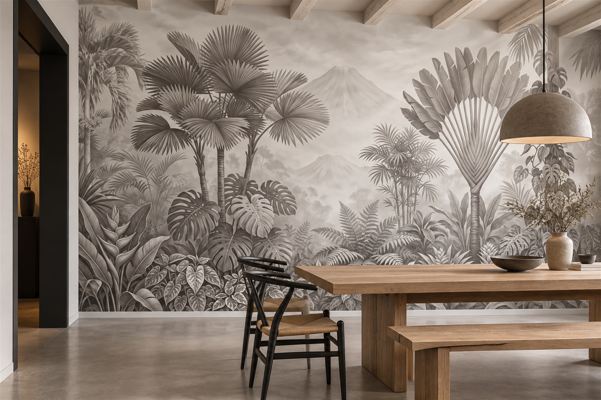 Taupe Palm Artful Wallpaper Mural Dining-room-wallpaper-murals, Shown In A Dining Room, Peel-and-stick Finish