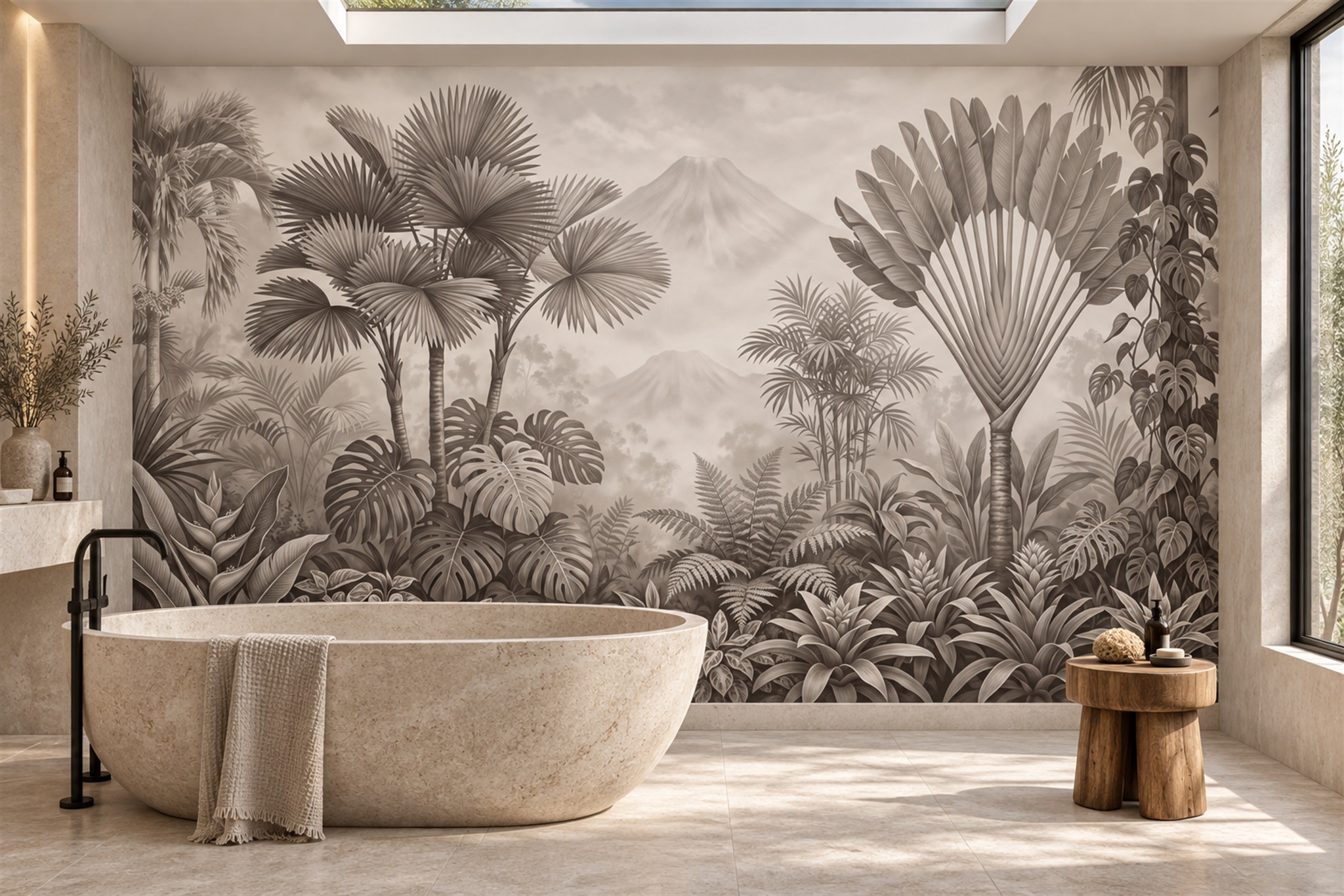 Taupe Palm Artful Wallpaper Mural Bathroom-wallpaper-murals, Peel-and-stick Finish