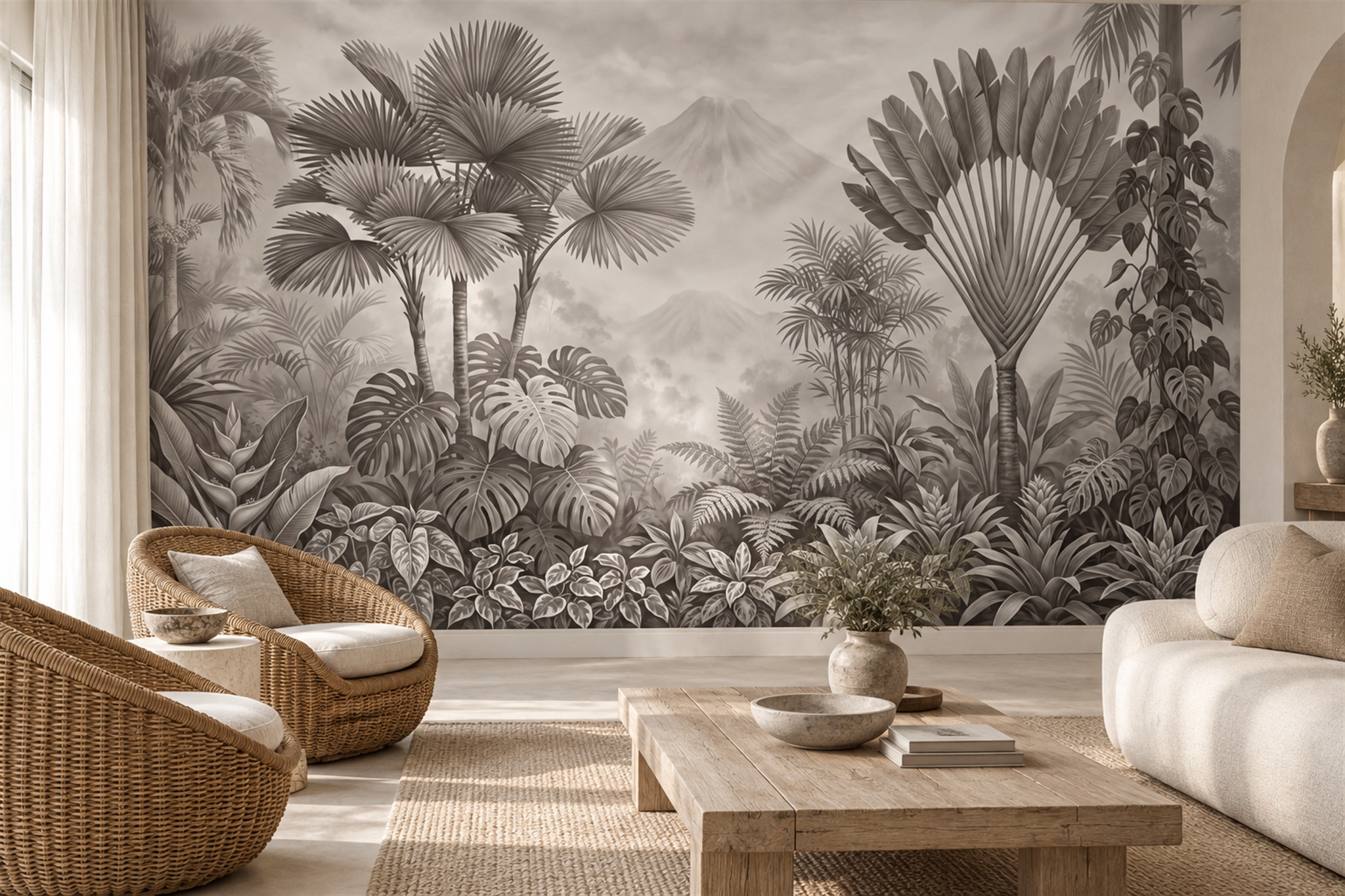 Monochrome Tropical Palms And Monstera Wallpaper Mural — Wallpaper Mural Design, Peel-and-stick Finish