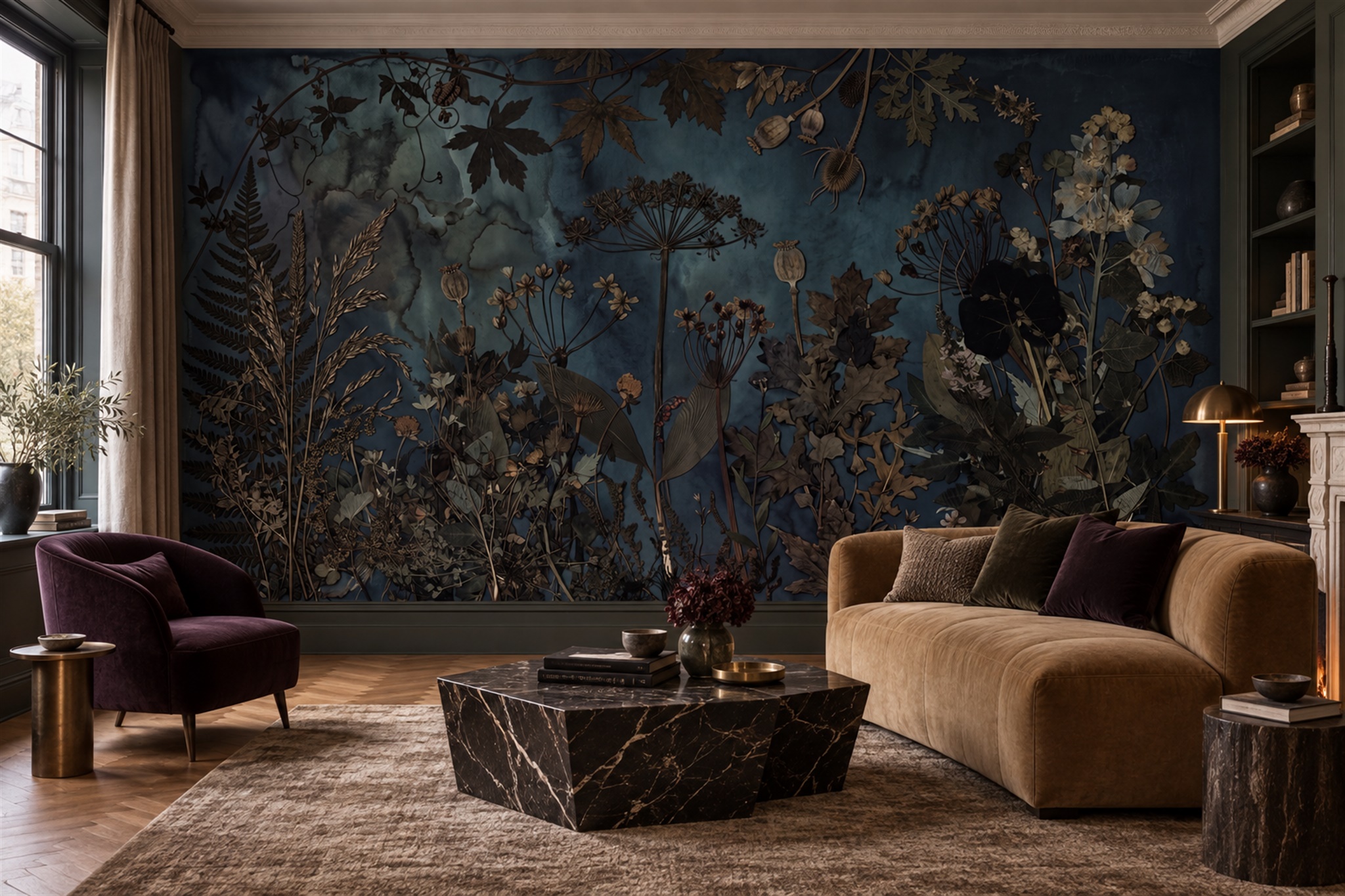 Navy Vintage Artful Painterly Wallpaper Mural Accent-wall-wallpaper-murals, Peel-and-stick Finish