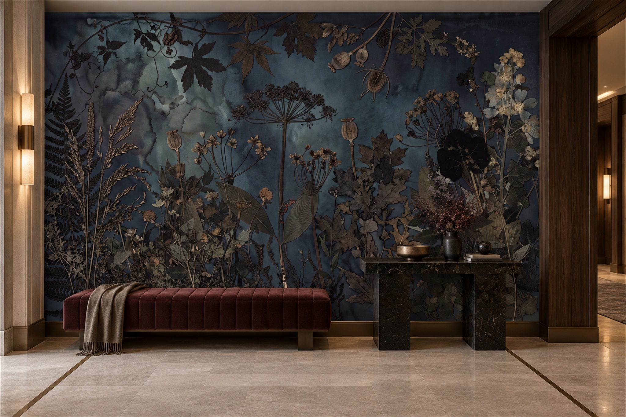Navy Vintage Artful Painterly Wallpaper Mural Hallway-wallpaper-murals, Peel-and-stick Finish