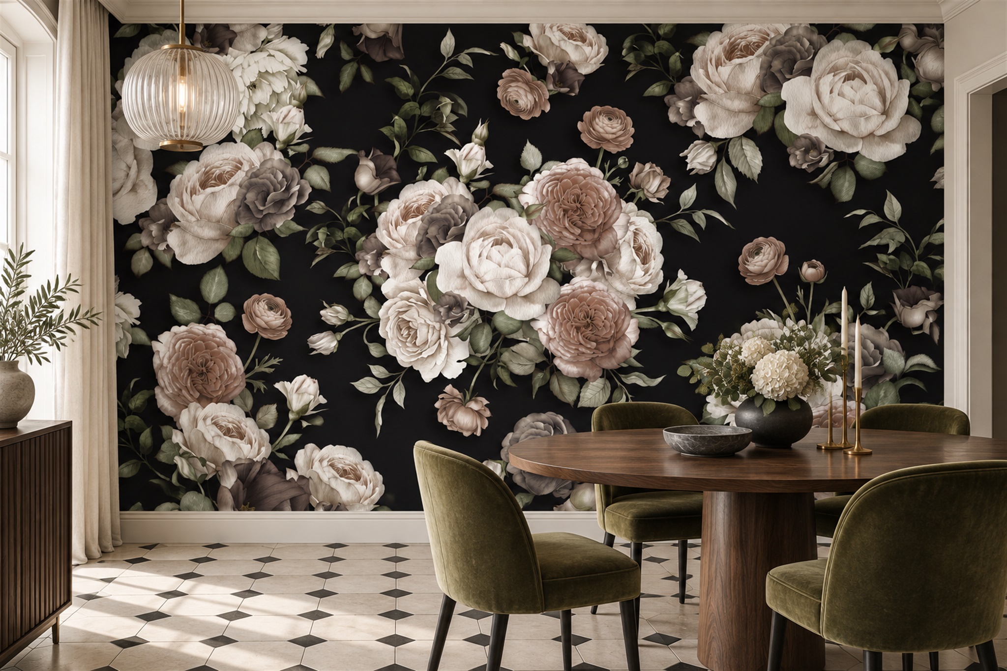 Ivory Vintage Artful Wallpaper Mural Dining-room-wallpaper-murals, Shown In A Dining Room, Peel-and-stick Finish