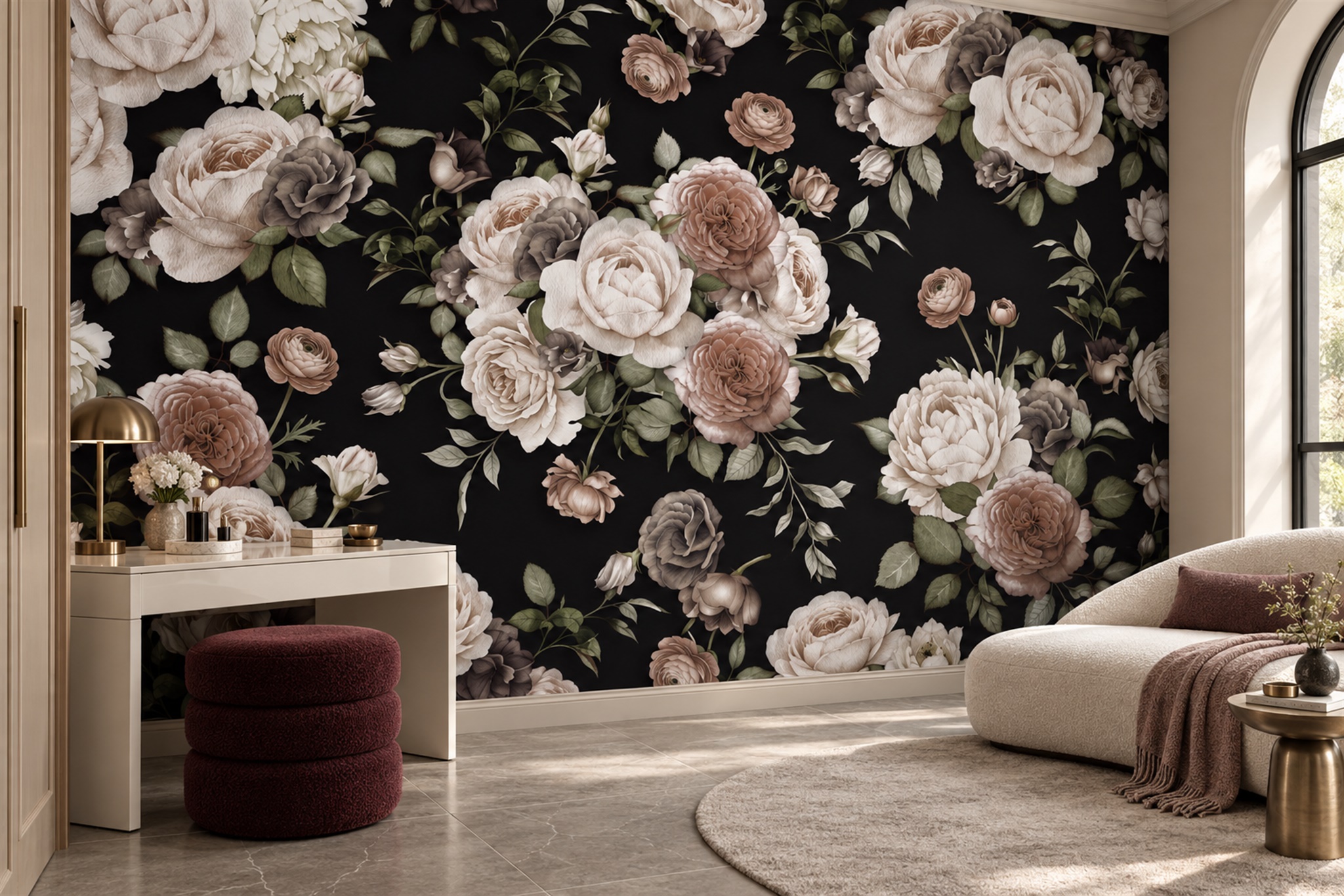 Ivory And Blush Vintage Rose Wallpaper Mural — Wallpaper Mural Design, Peel-and-stick Finish