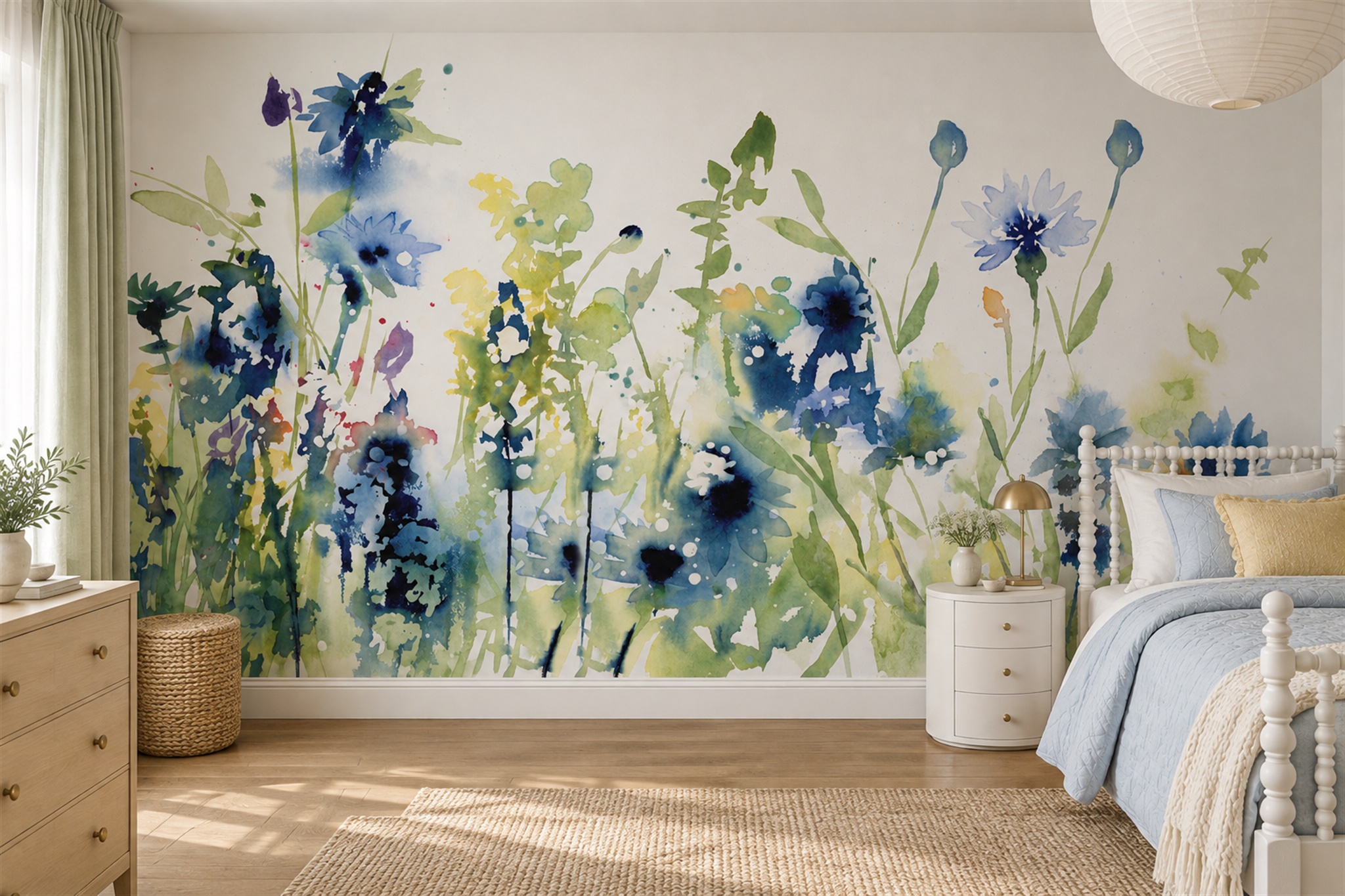 Blue Meadow Scenic Decorative Wallpaper Mural Bedroom-wallpaper-murals, Peel-and-stick Finish