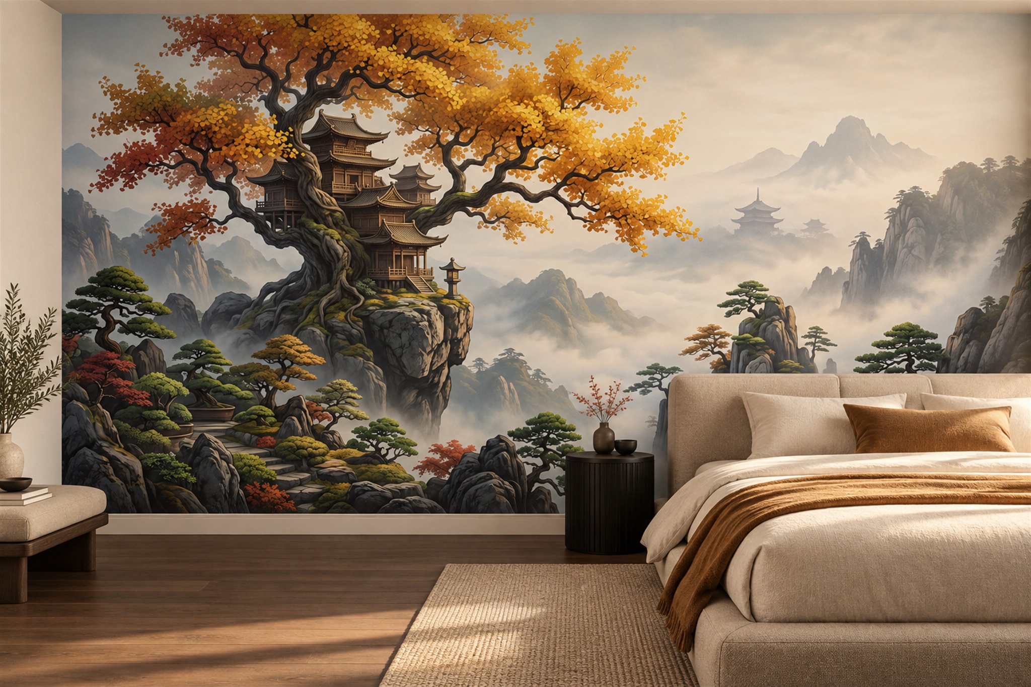 Gold Pattern Decorative Wallpaper Mural Layered Tones Wallpaper Mural Feature-wall-wallpaper-murals, Peel-and-stick Finish