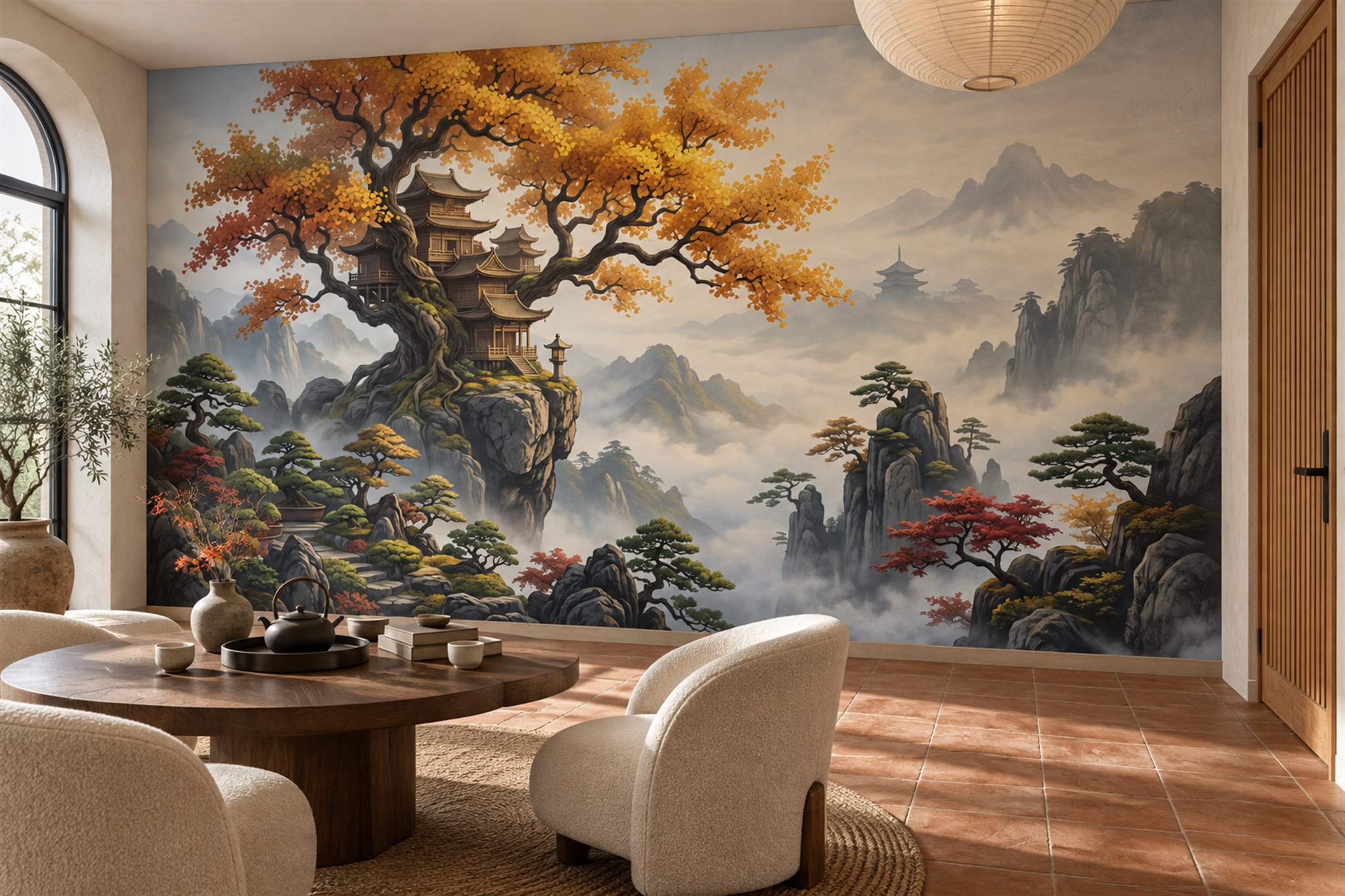 Gold Pattern Decorative Wallpaper Mural Layered Tones Wallpaper Mural Feature-wall-wallpaper-murals, Peel-and-stick Finish