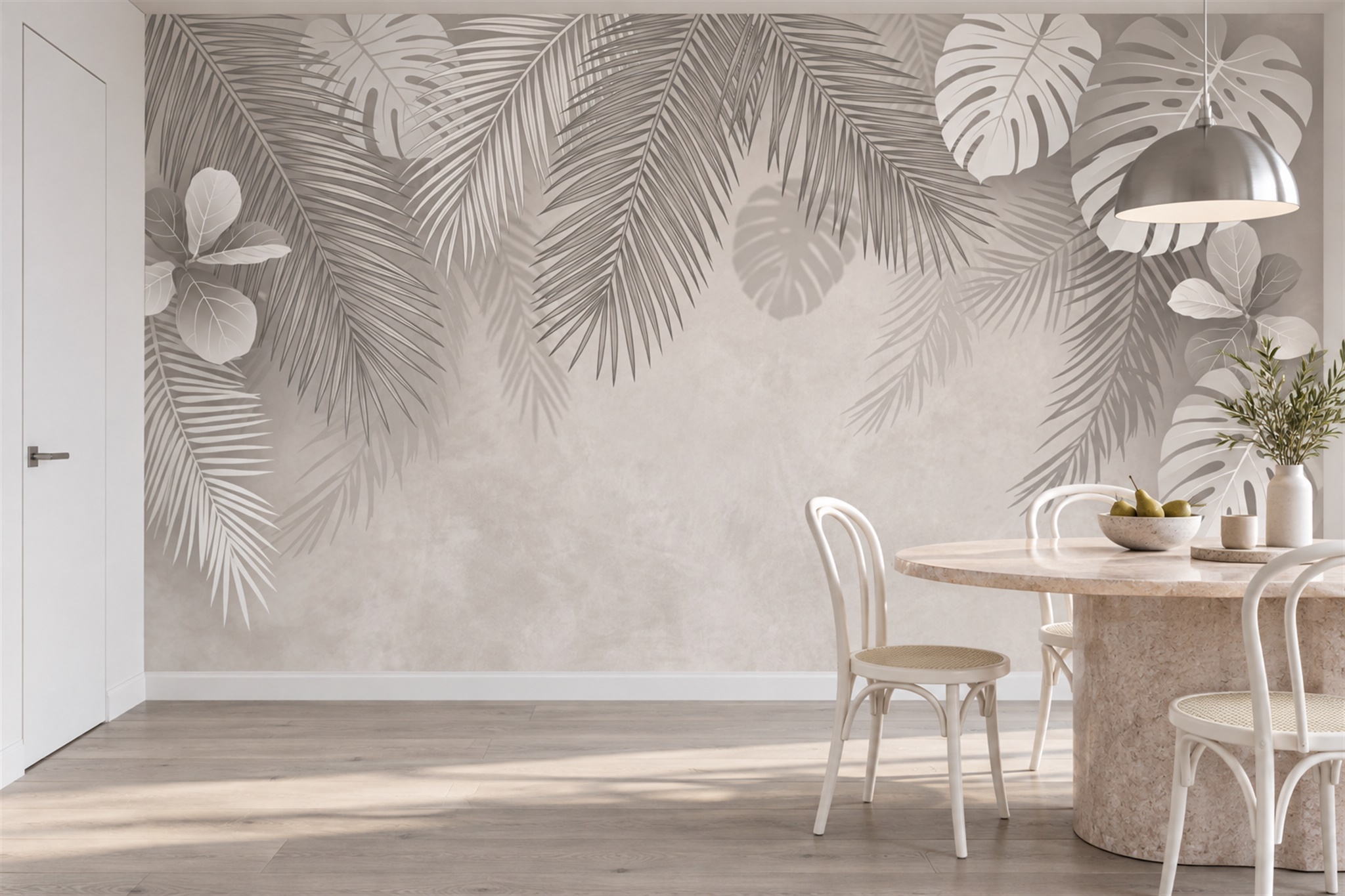 Taupe Leaf Botanical Layered Wallpaper Mural Dining-room-wallpaper-murals, Shown In A Dining Room, Peel-and-stick Finish