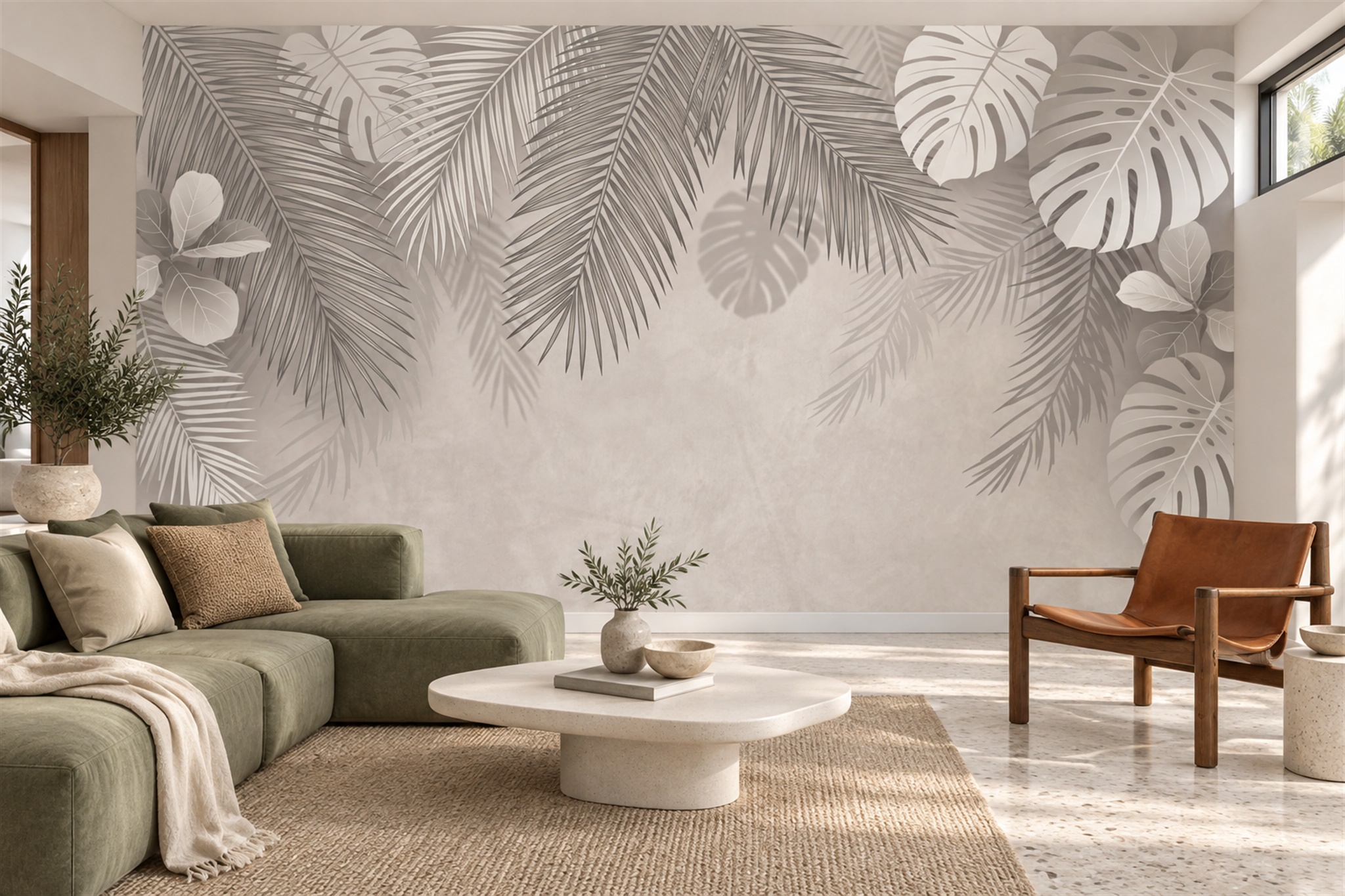 Taupe Palm And Monstera Leaf Border Wallpaper Mural — Wallpaper Mural Design, Peel-and-stick Finish