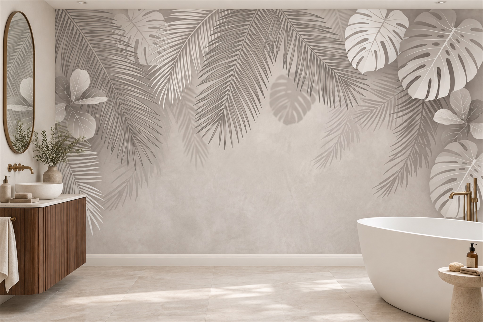 Taupe Leaf Botanical Layered Wallpaper Mural Bathroom-wallpaper-murals, Peel-and-stick Finish