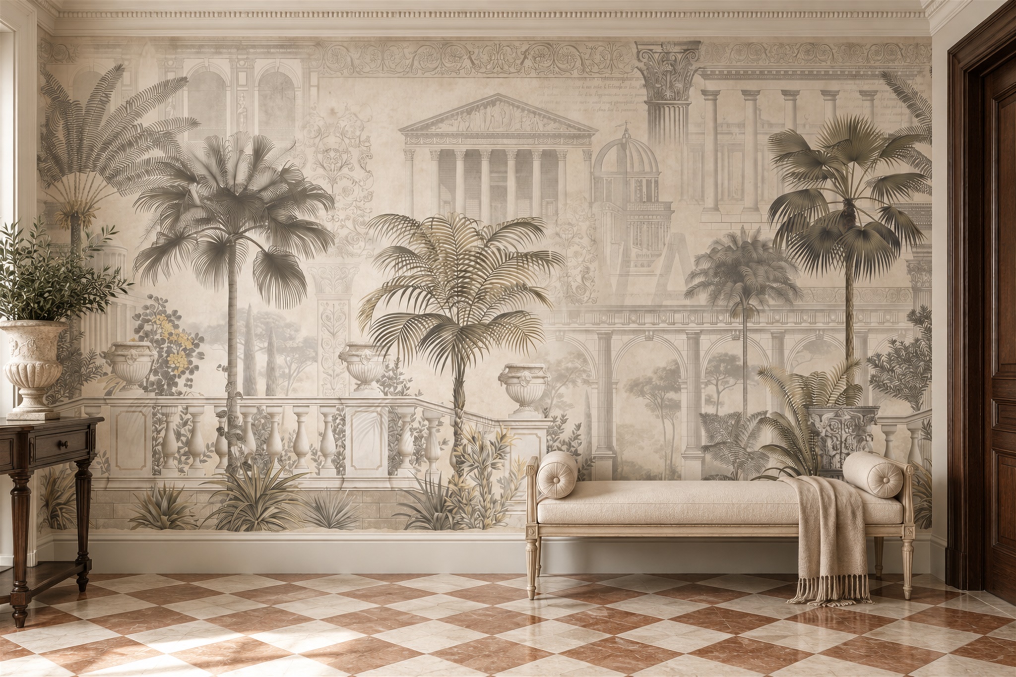 Beige Palace Scenic Wallpaper Mural Entryway-wallpaper-murals, Peel-and-stick Finish