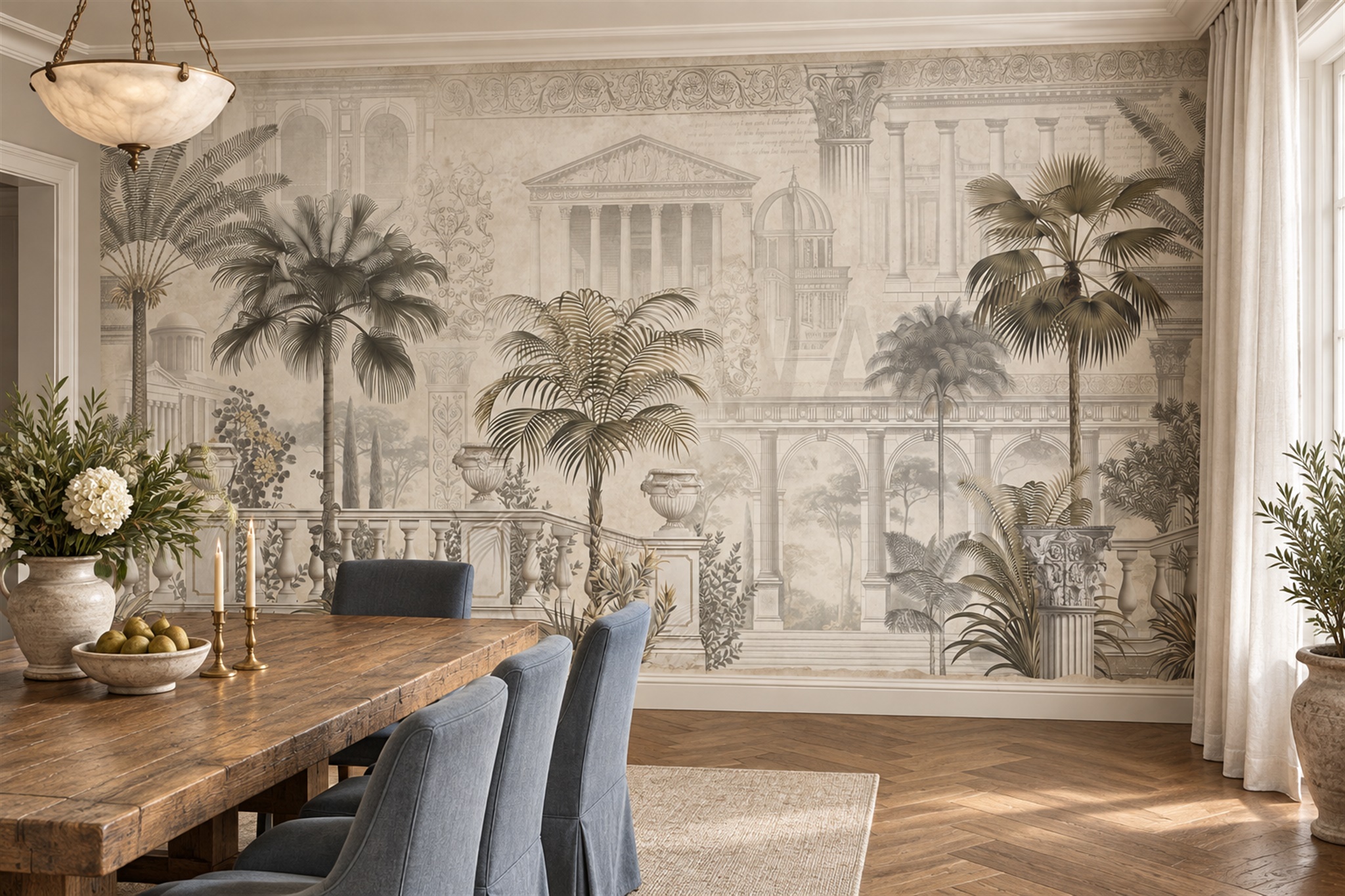 Classical Courtyard With Palms And Colonnades Wallpaper Mural — Wallpaper Mural Design, Peel-and-stick Finish