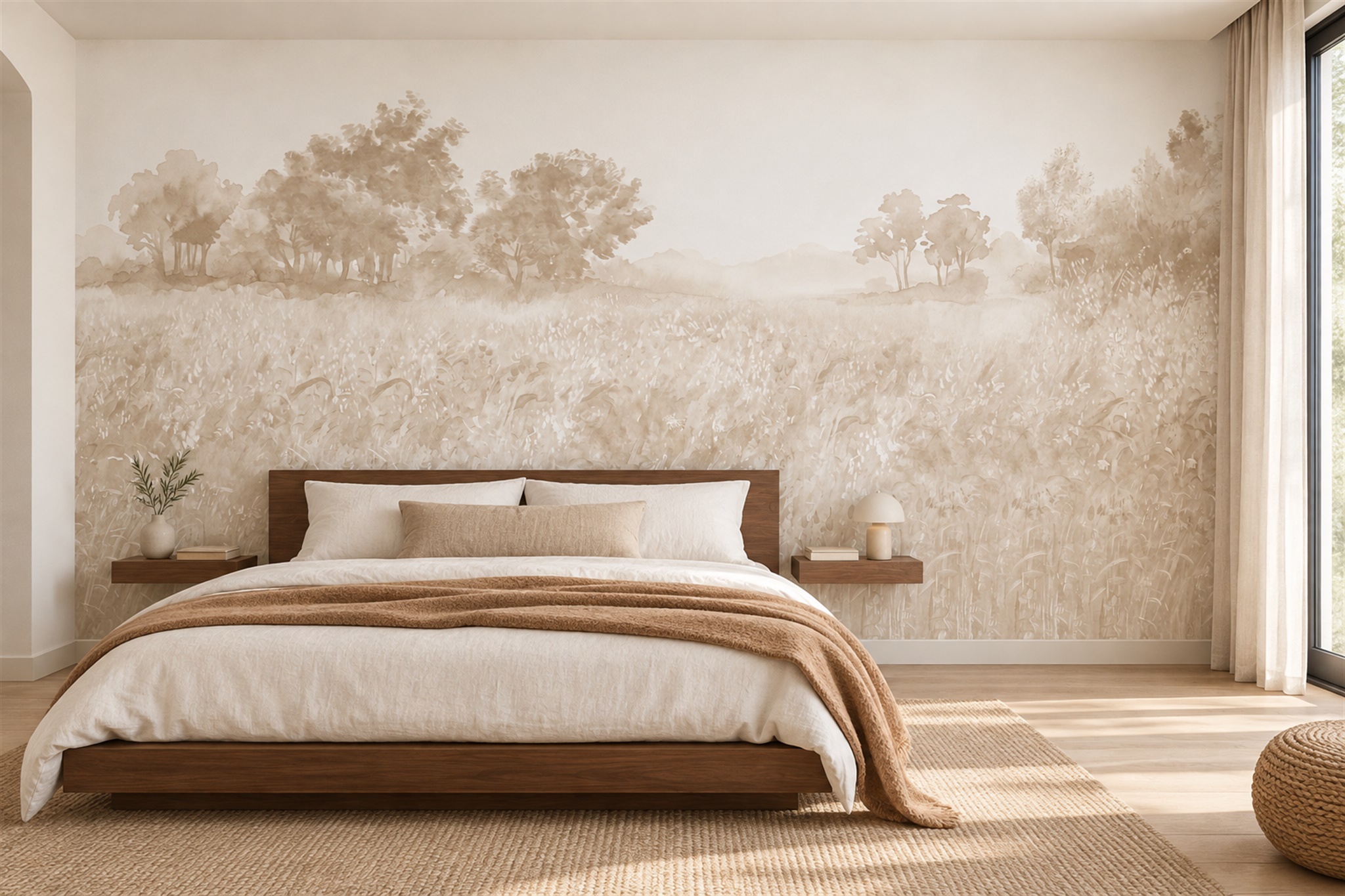 Misty Beige Meadow Trees Wallpaper Mural — Installed Wallpaper Mural In A Bedroom, Peel-and-stick Finish
