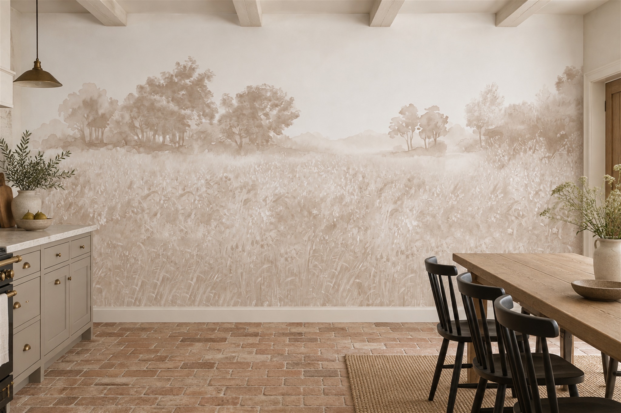 Beige Meadow Scenic Painterly Wallpaper Mural Dining-room-wallpaper-murals, Shown In A Dining Room, Peel-and-stick Finish