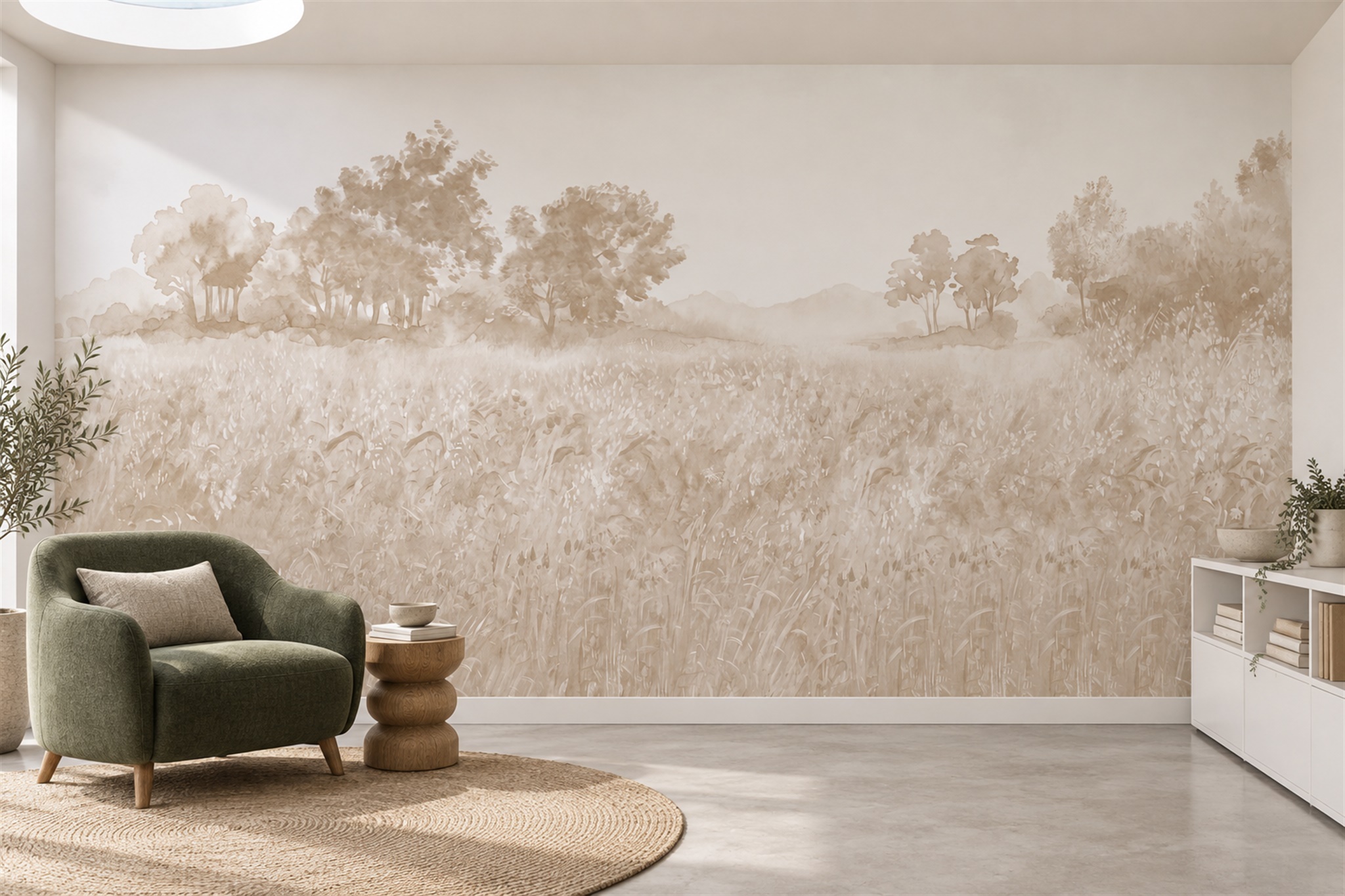 Beige Meadow Scenic Painterly Wallpaper Mural Home-office-wallpaper-murals, Shown In A Home Office, Peel-and-stick Finish