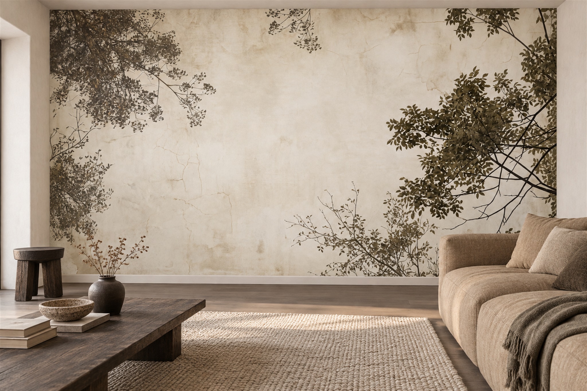Olive Tree Branches Framing An Open Parchment Ground Wallpaper Mural — Wallpaper Mural Design, Peel-and-stick Finish