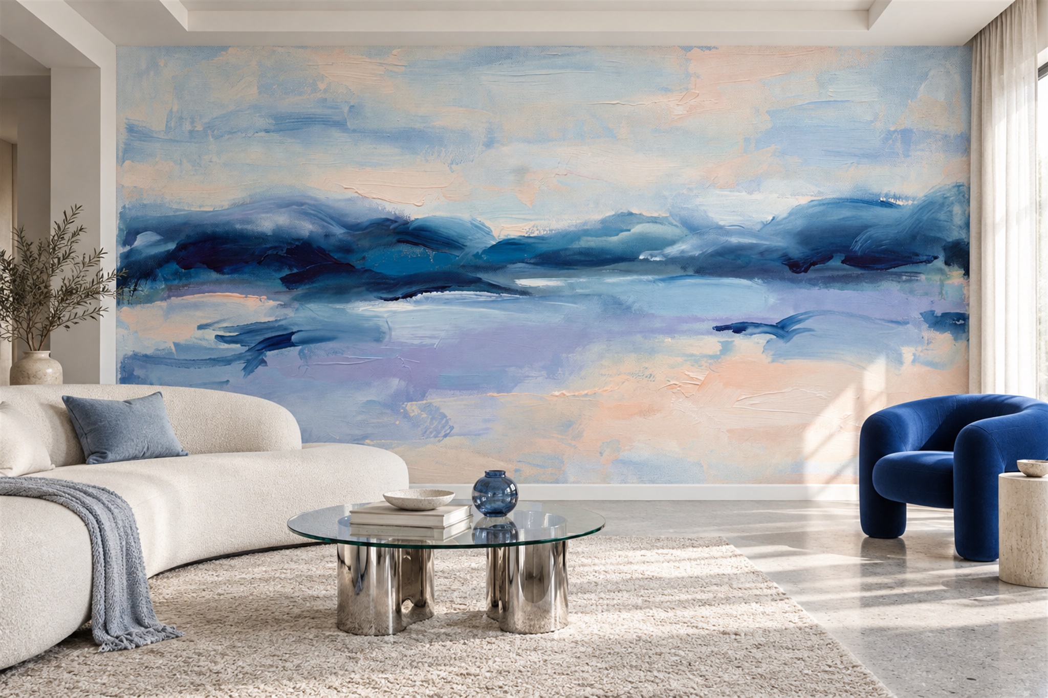Blue Washed Artful Decorative Wallpaper Mural Living-room-wallpaper-murals, Peel-and-stick Finish